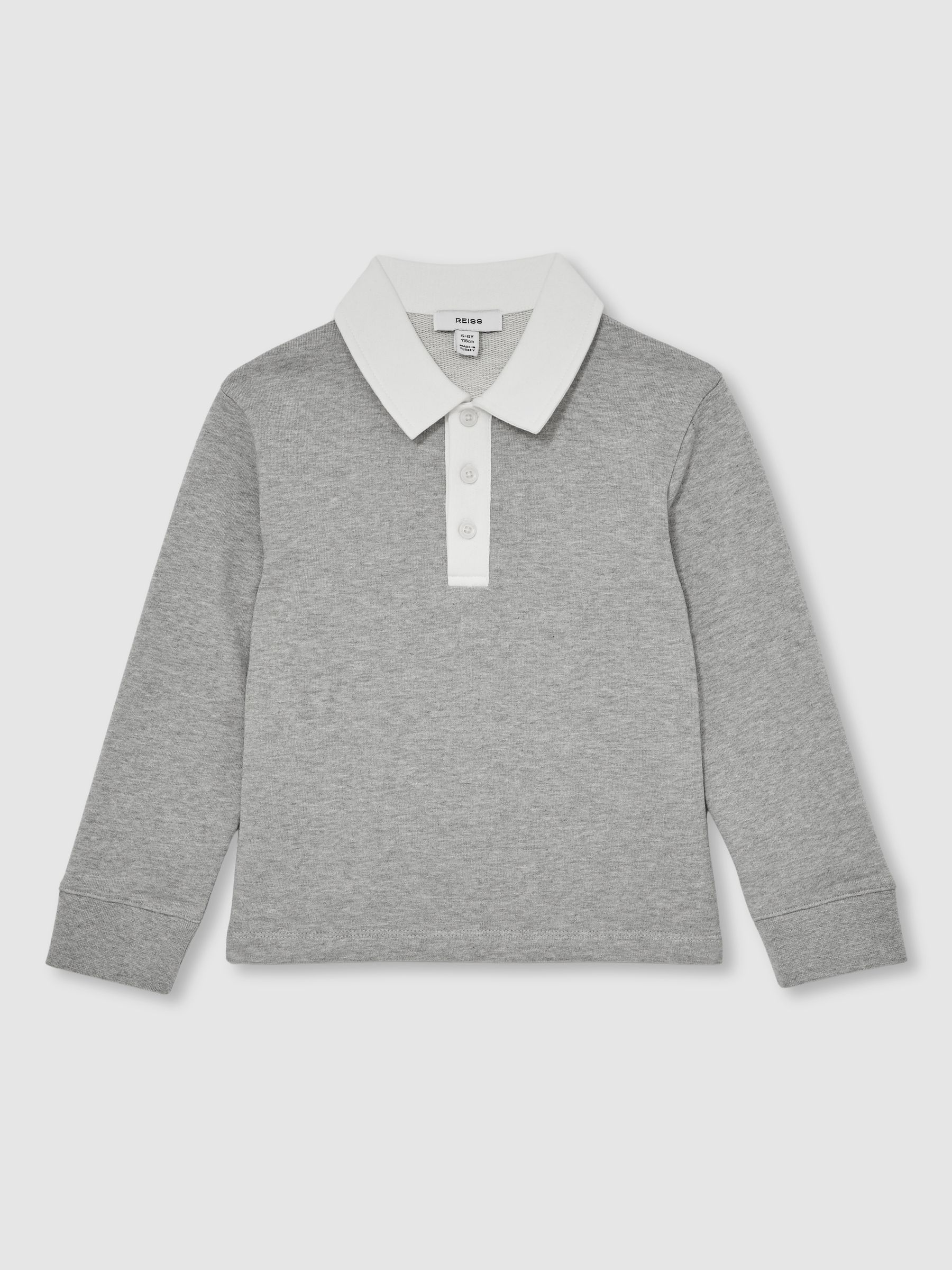 9-13 yrs Cotton Half-Button Rugby Polo Shirt in Grey Marl/White - Image 2 of 4