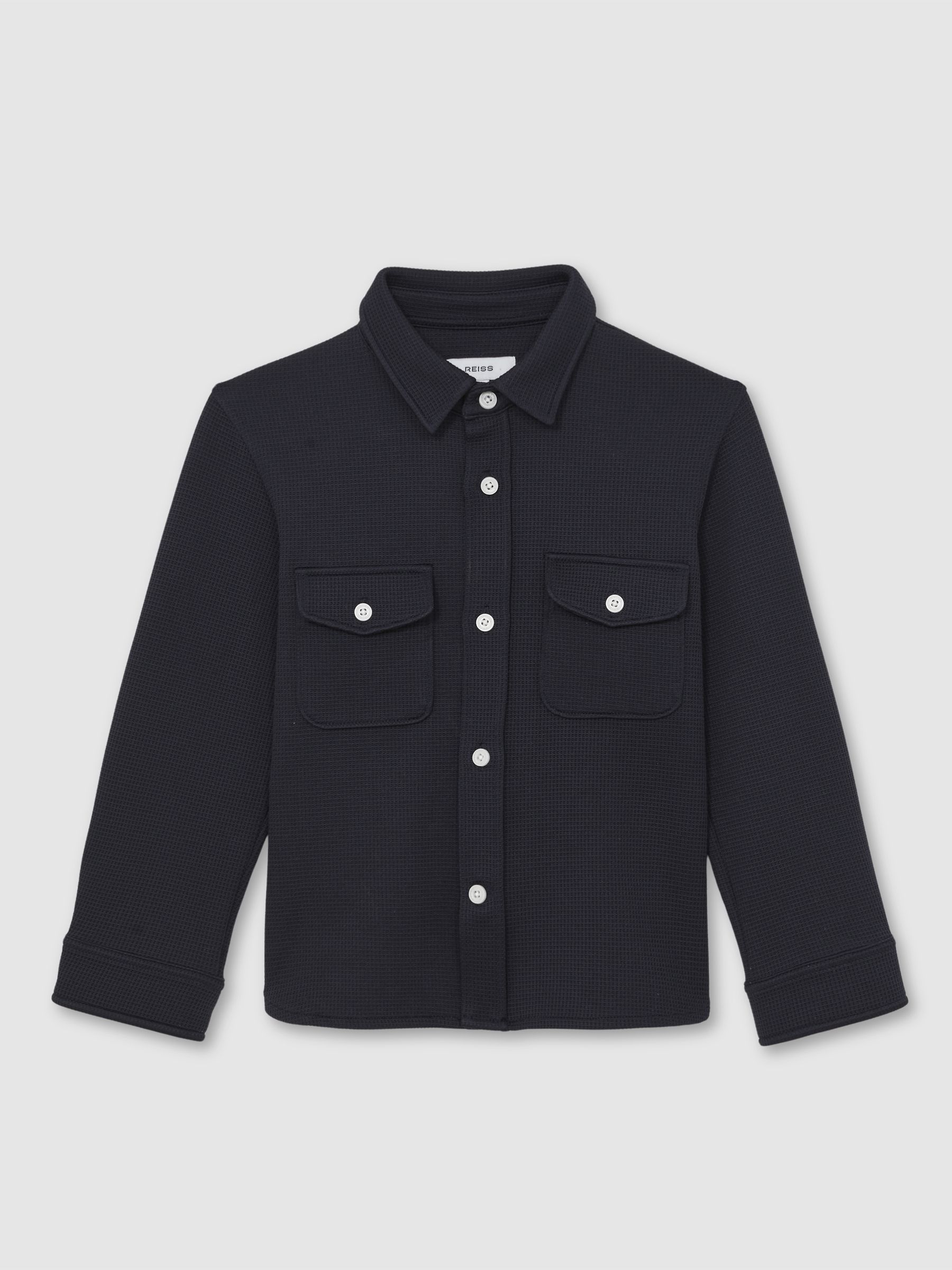 9-13 yrs Waffle-Textured Twin-Pocket Overshirt in Navy - Image 2 of 4