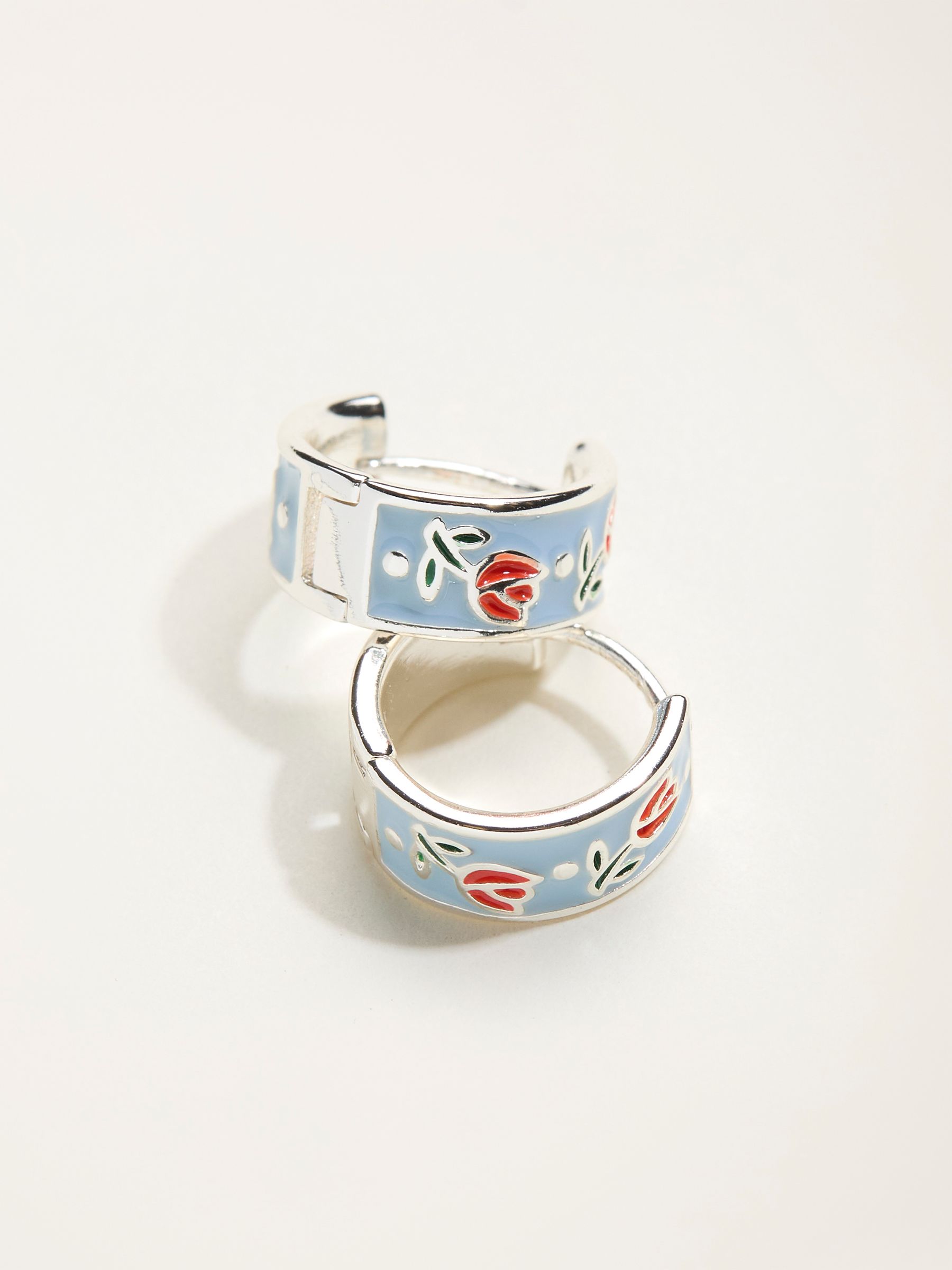 Silver Tone Enamel Floral Hoop Earrings - Image 2 of 2