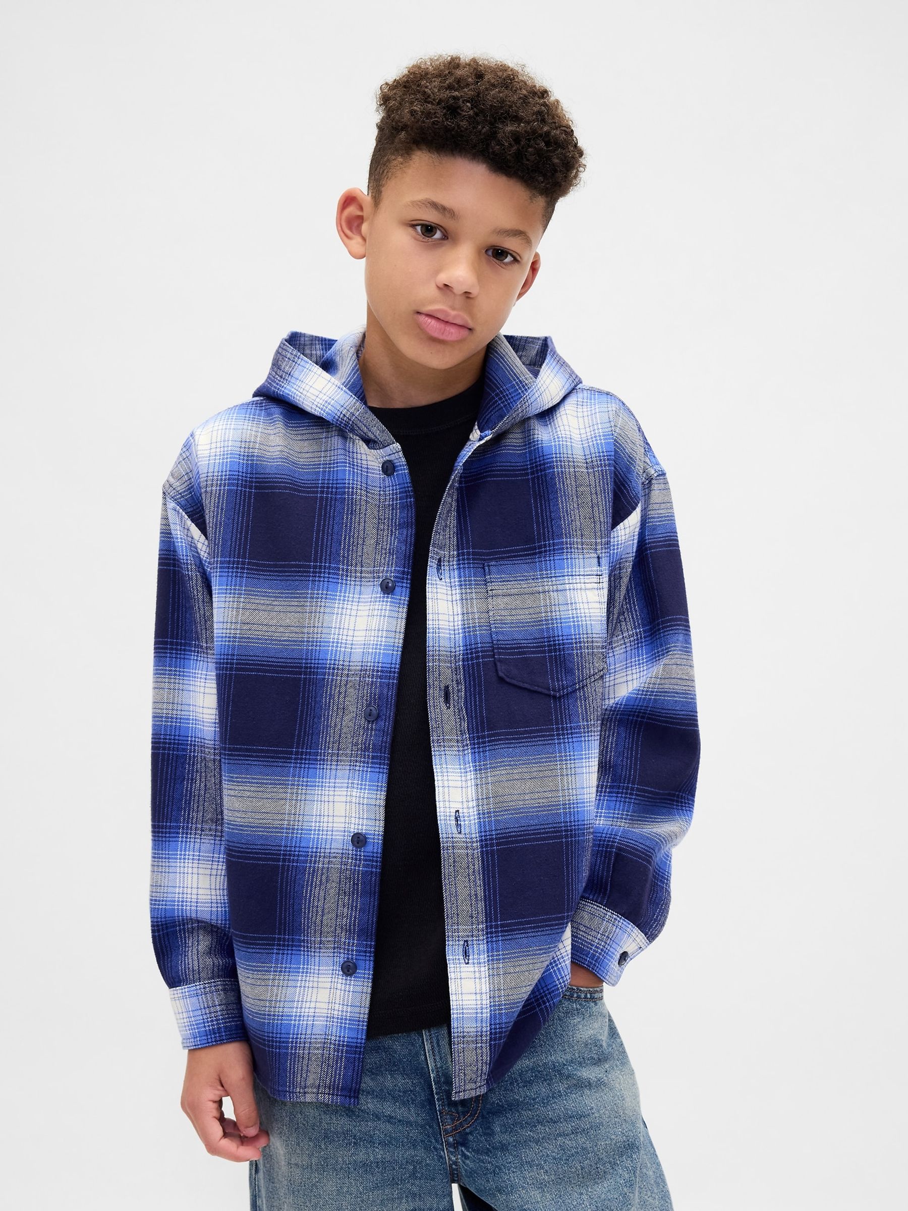 Blue Check Cotton Hooded Flannel Shirt (4-13yrs) - Image 1 of 6