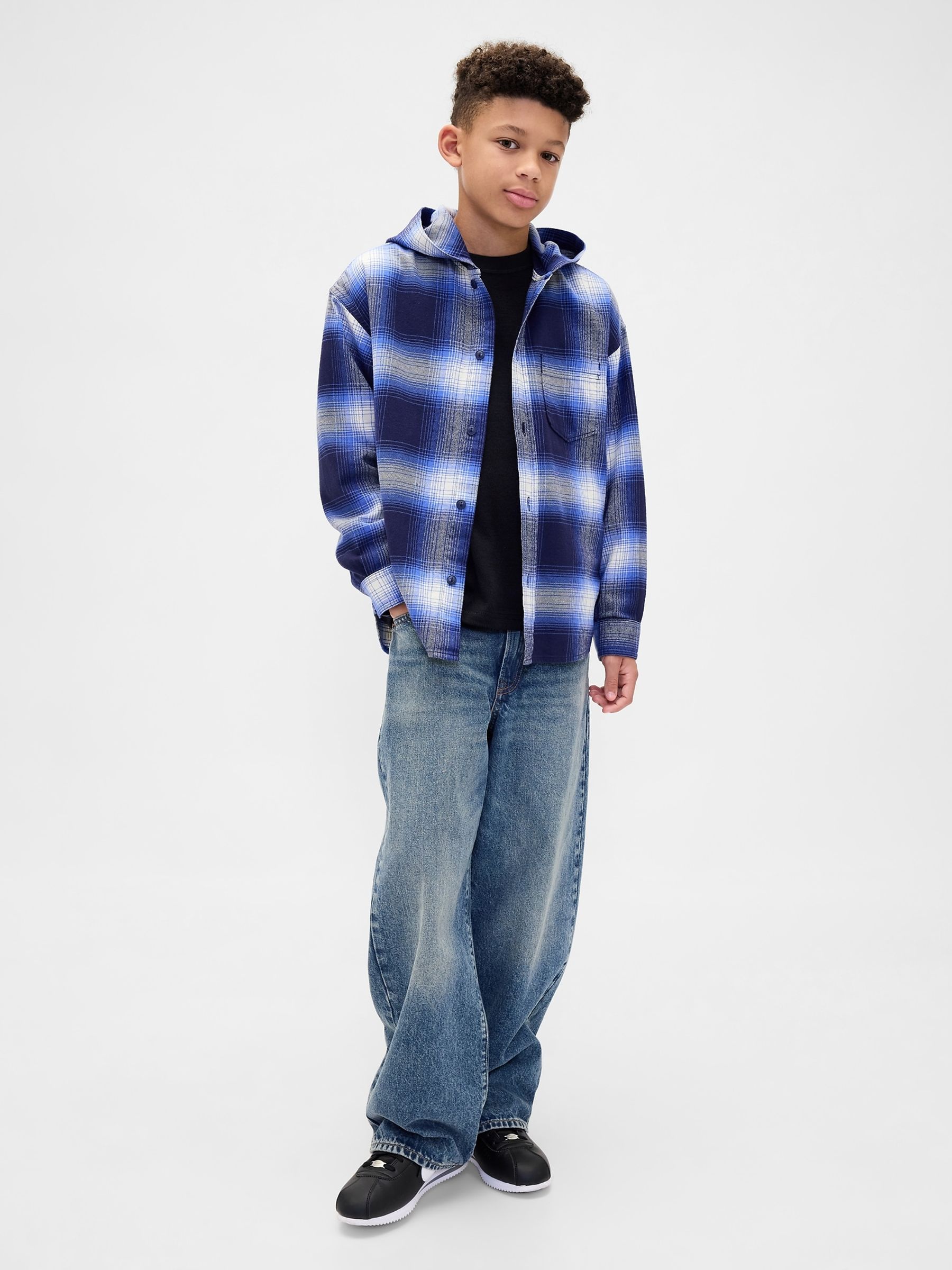 Blue Check Cotton Hooded Flannel Shirt (4-13yrs) - Image 3 of 6