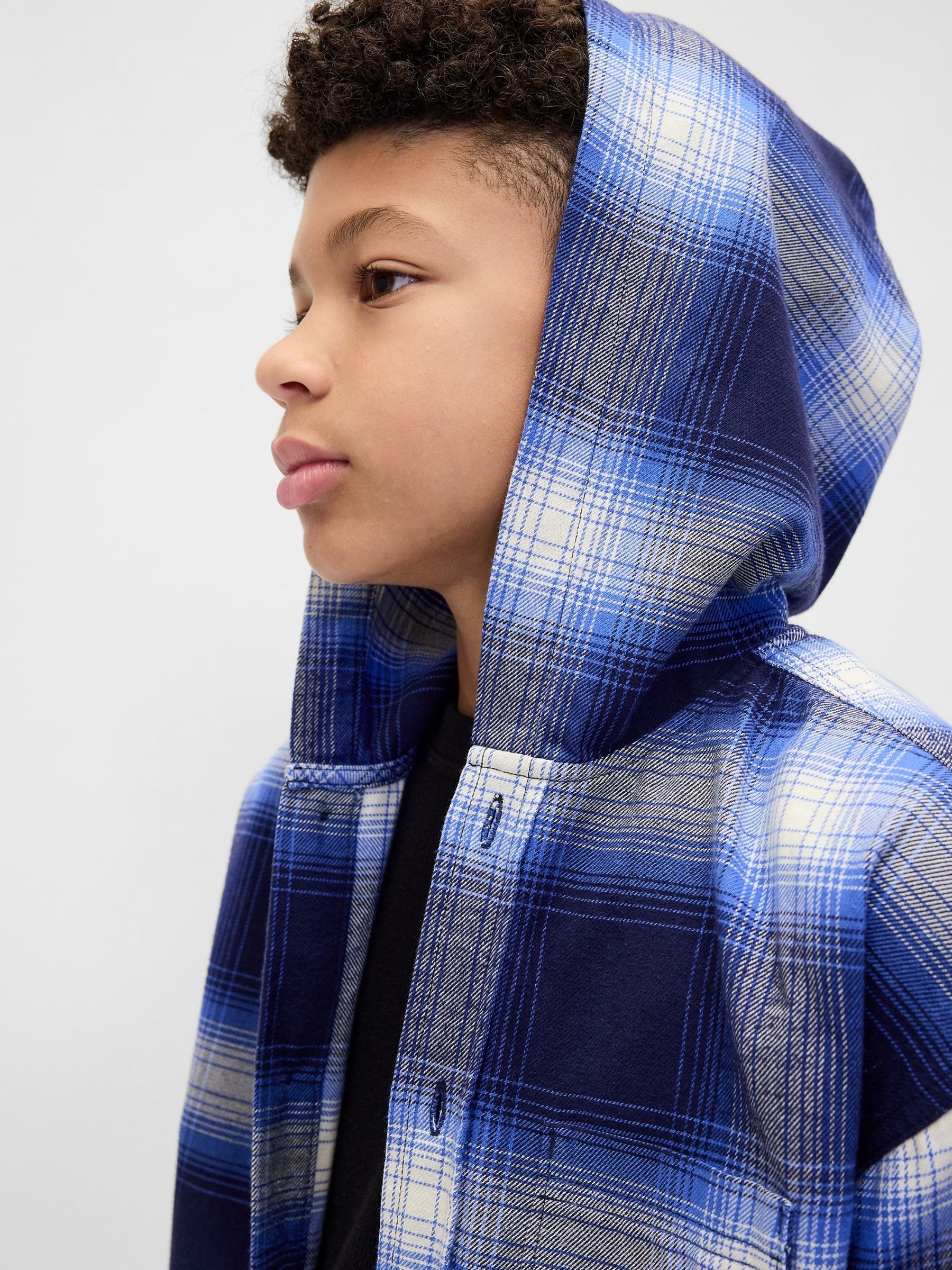 Blue Check Cotton Hooded Flannel Shirt (4-13yrs) - Image 4 of 6