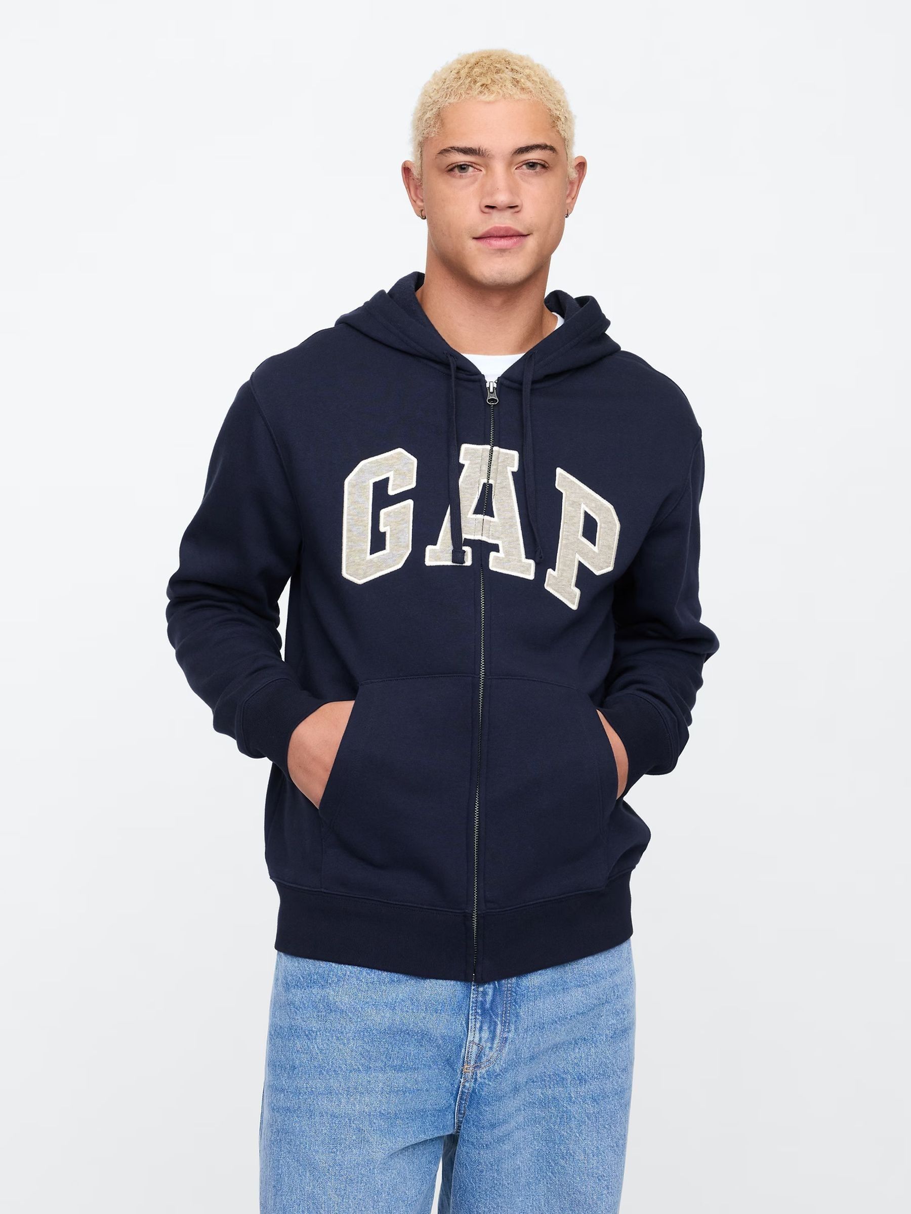 Navy Blue Zip Through Logo Fleece Lined Hoodie | Gap