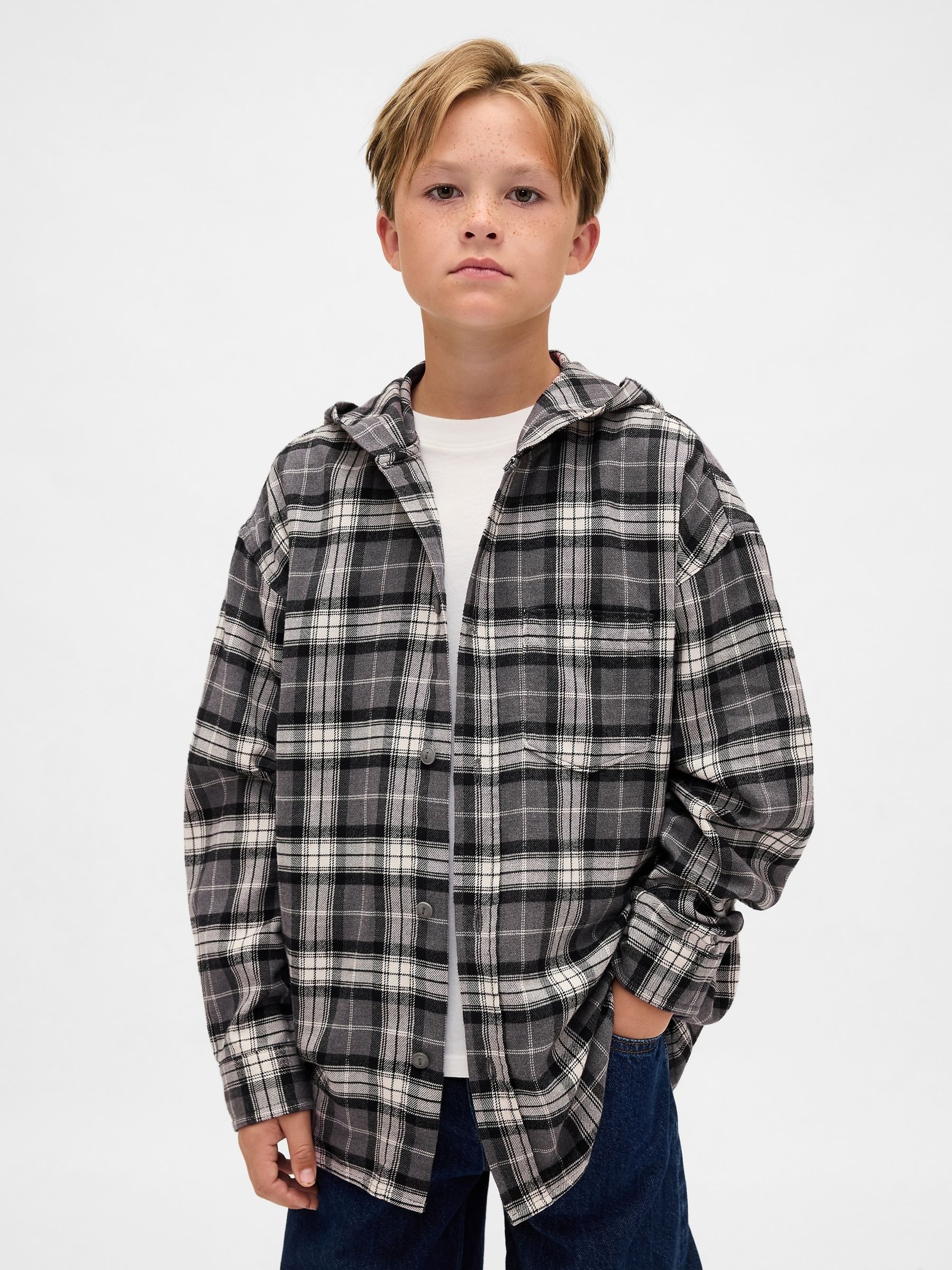 Black Cotton Hooded Flannel Shirt (4-13yrs) - Image 1 of 5