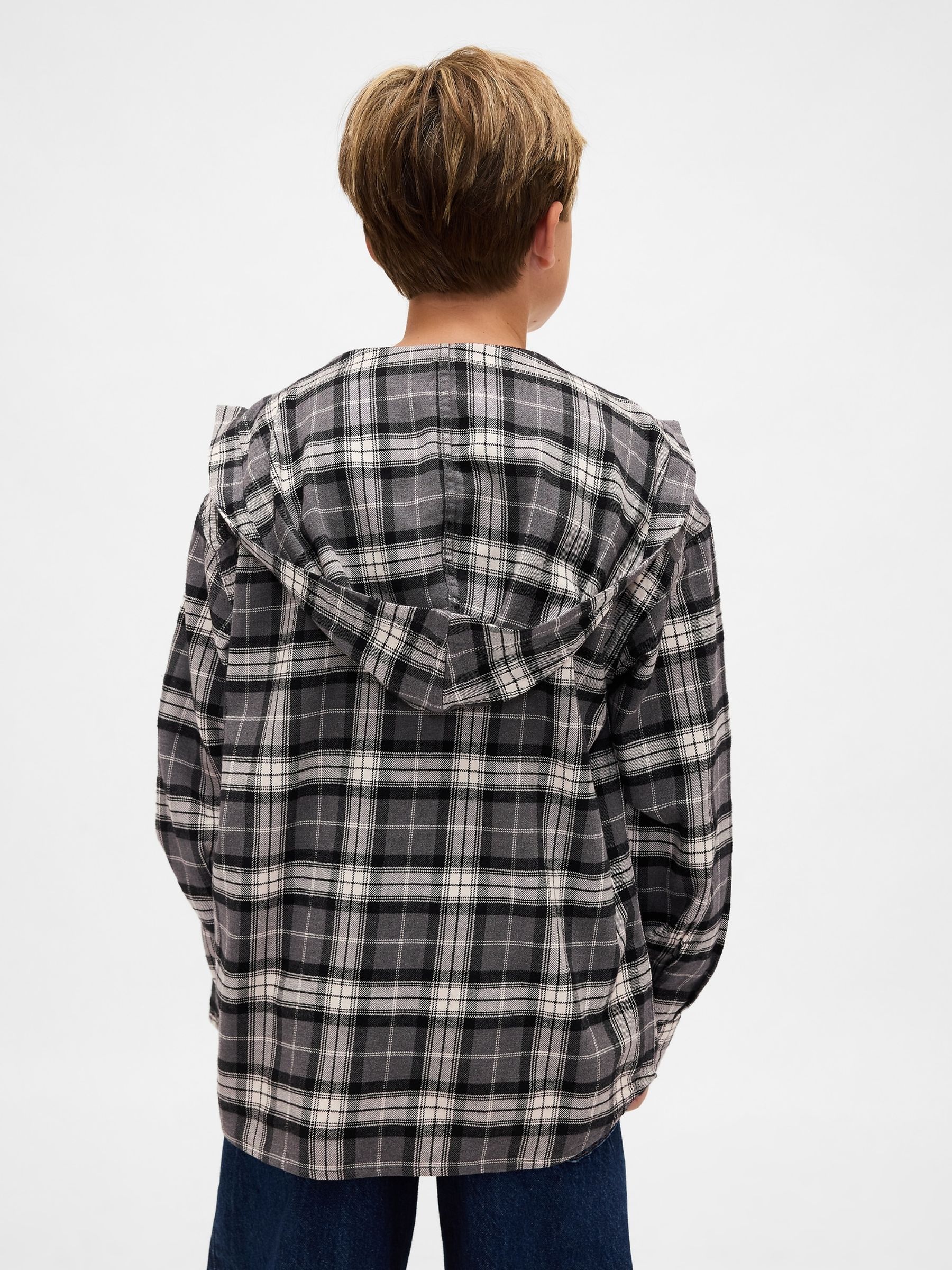 Black Cotton Hooded Flannel Shirt (4-13yrs) - Image 2 of 5