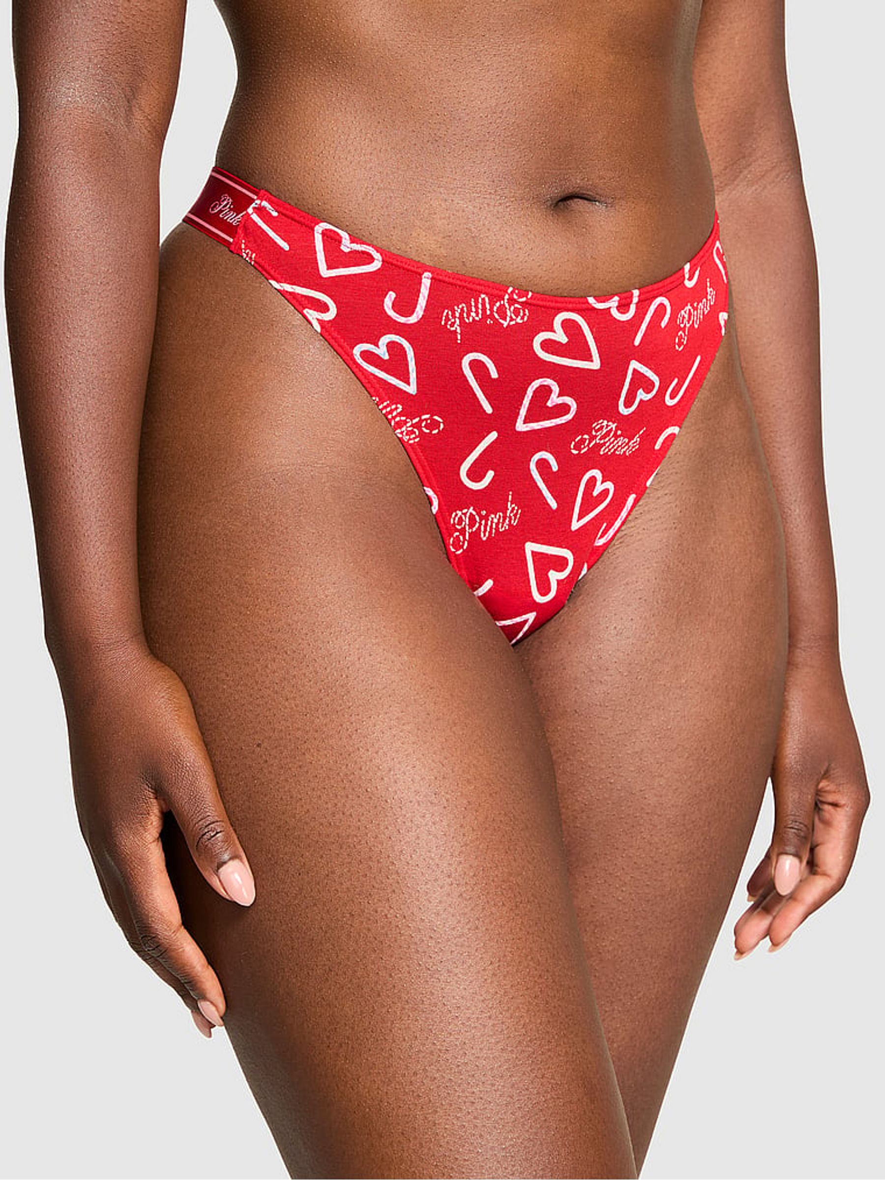 Red Candy Cane Print Mini Scoop Thong Cotton Logo Knickers - Image 1 of 2 Red Candy Cane Print Mini Scoop Thong Cotton Logo Knickers - Image 1 of 2