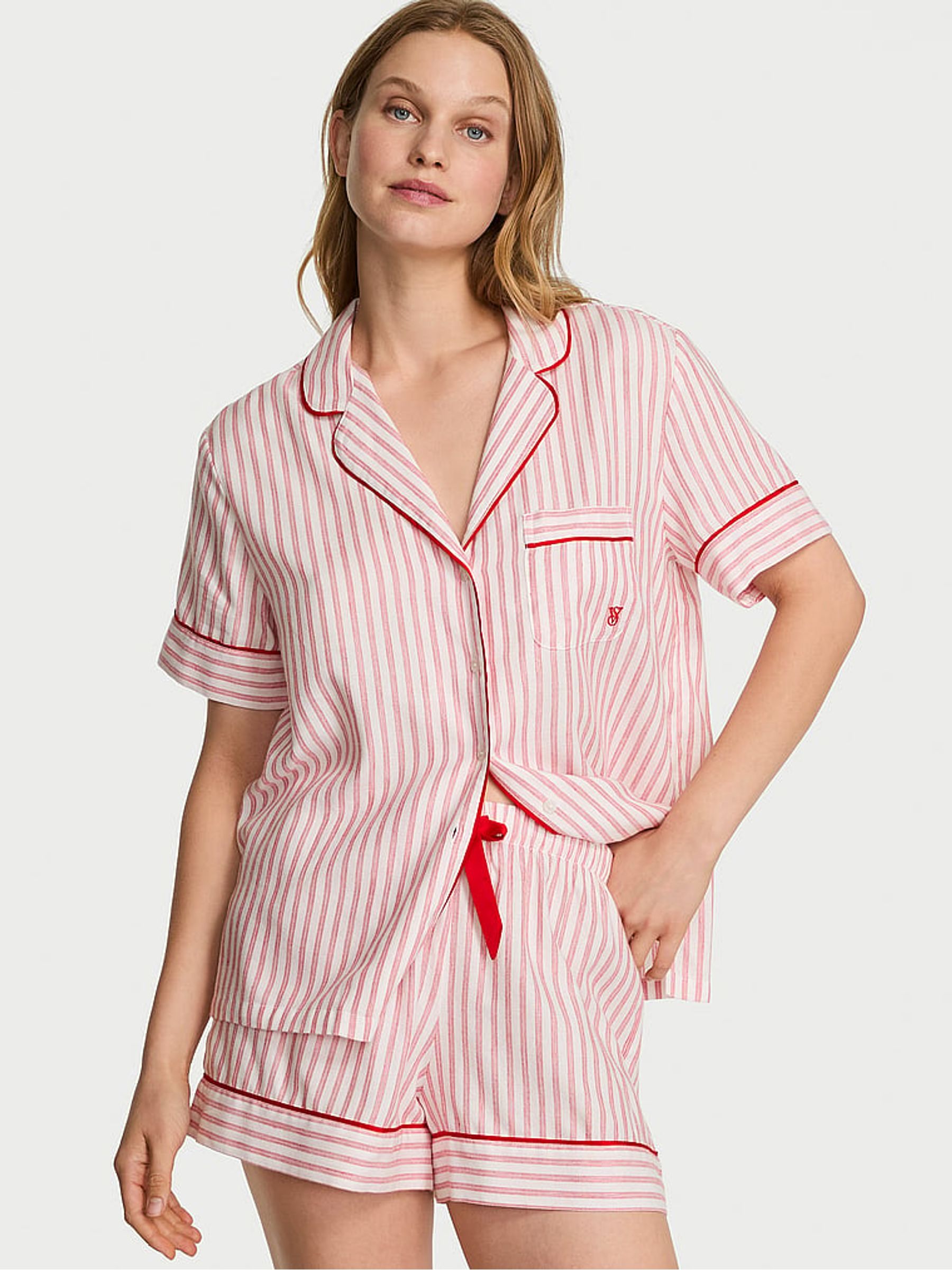 White & Lipstick Red Stripe Flannel Short Pyjamas Set - Image 1 of 3