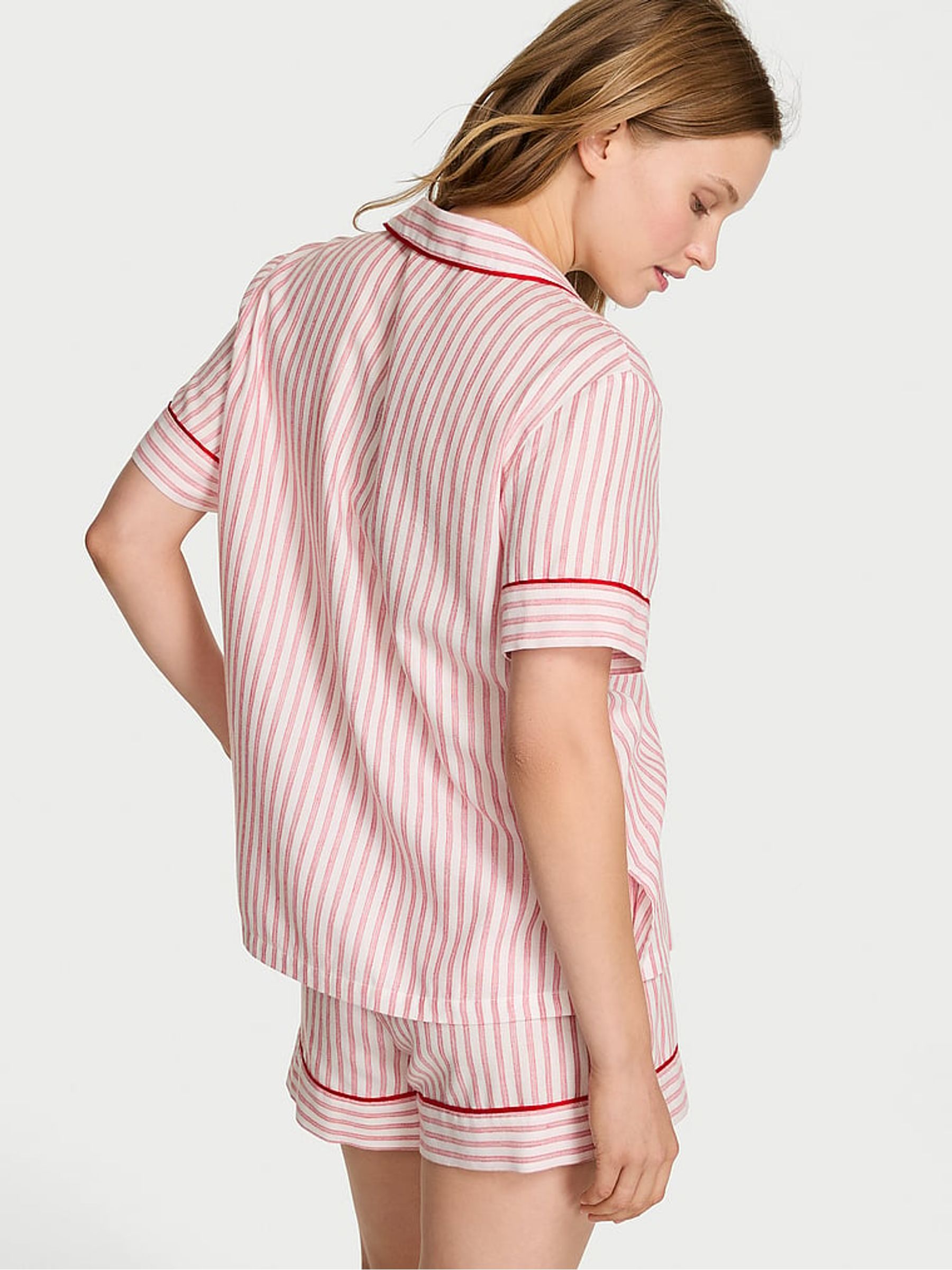 White & Lipstick Red Stripe Flannel Short Pyjamas Set - Image 2 of 3