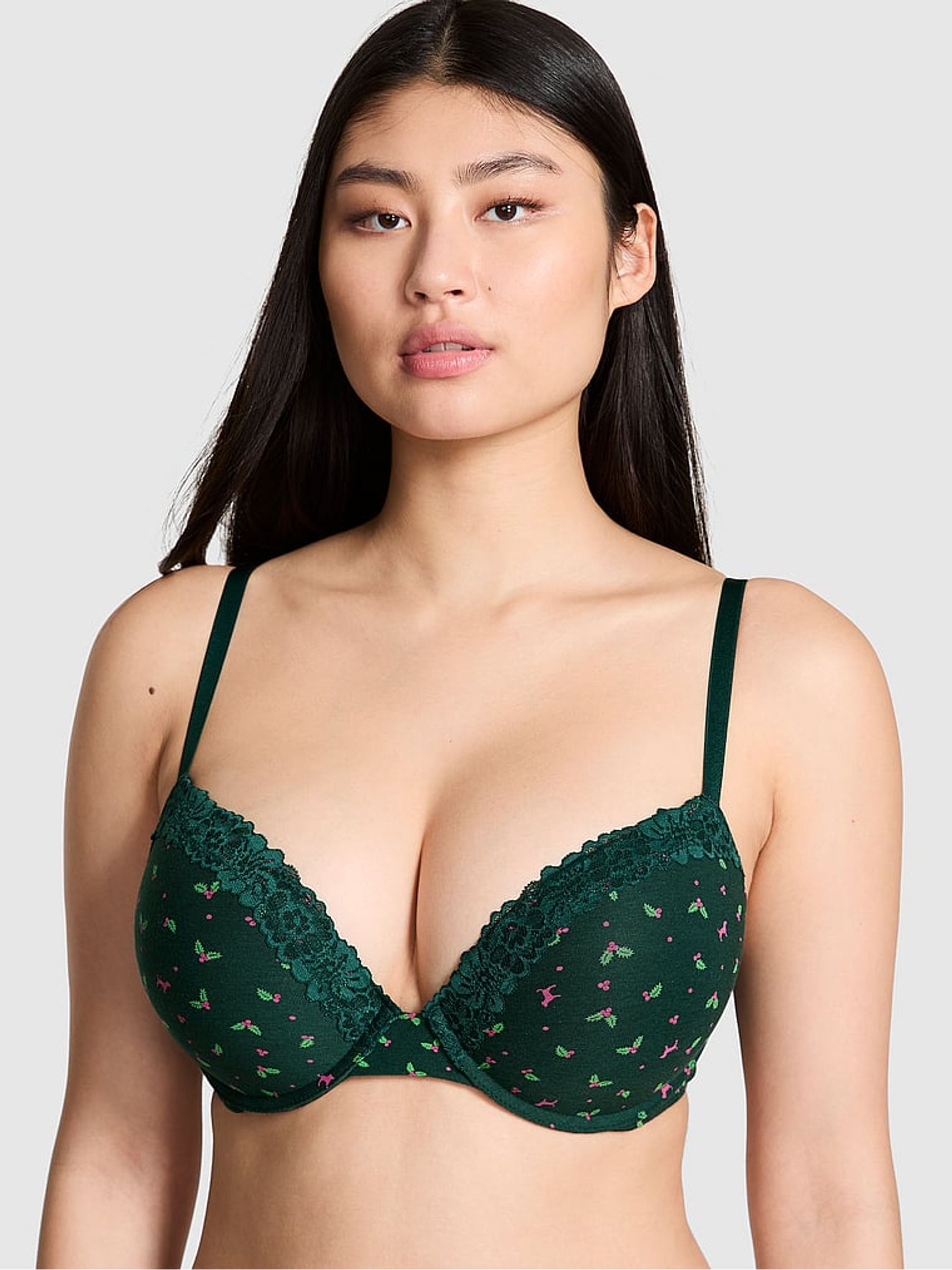 Deep Forest Green Holly Print Super Push Up Cotton Heather Lace Trim Bra - Image 1 of 2