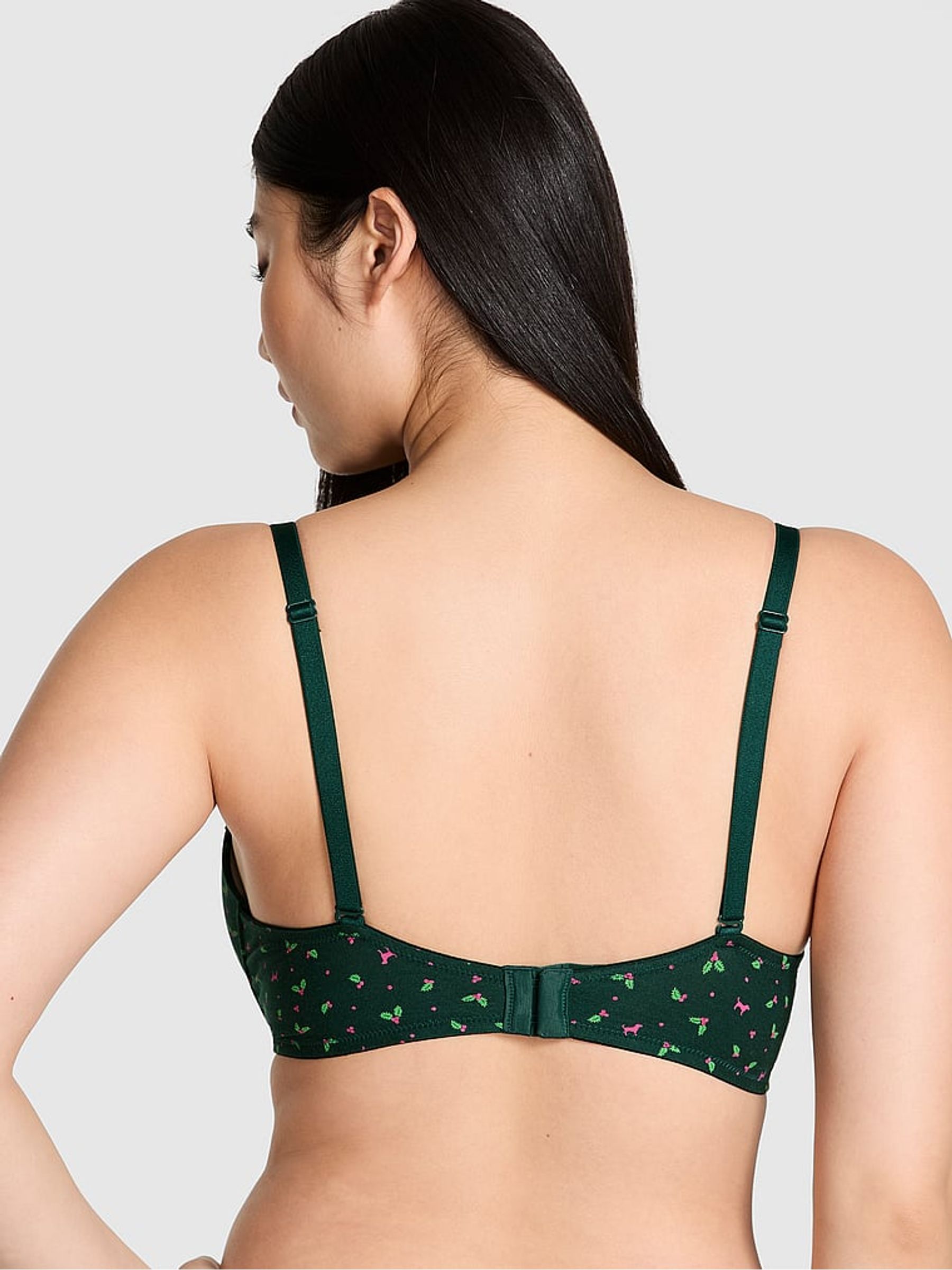 Deep Forest Green Holly Print Super Push Up Cotton Heather Lace Trim Bra - Image 2 of 2