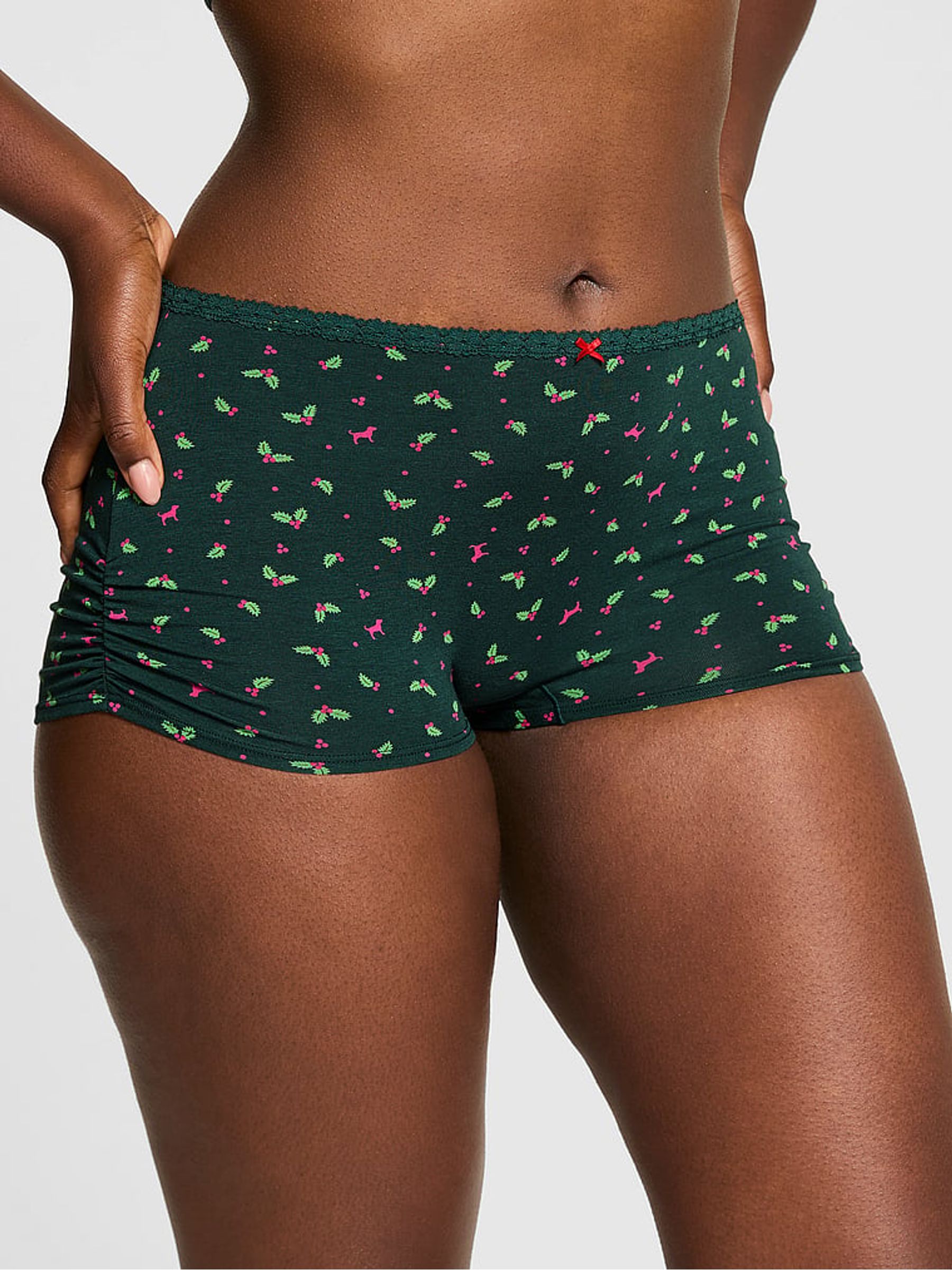 Deep Forest Green Holly Print Cotton Boyshort Knickers - Image 1 of 2