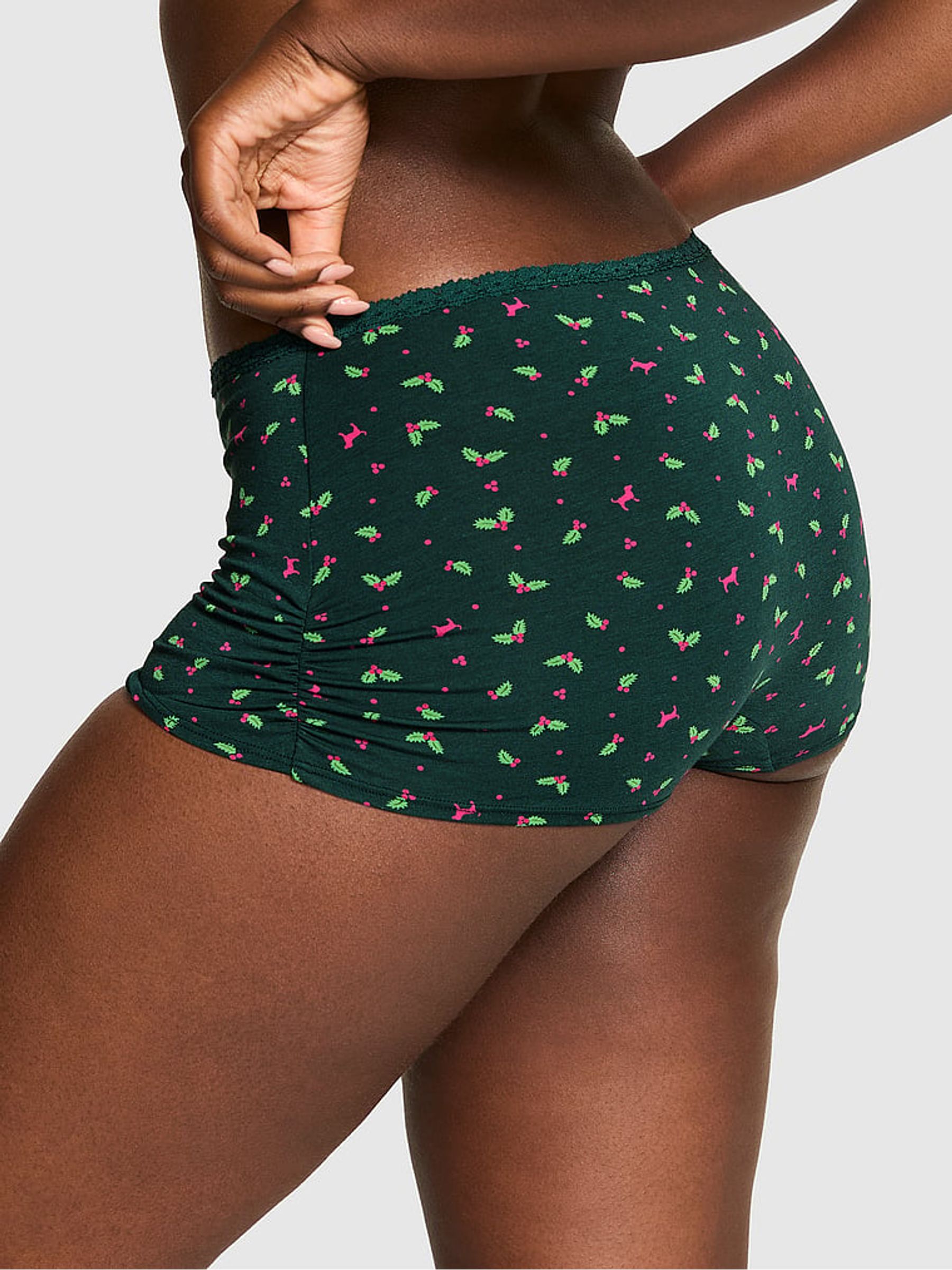 Deep Forest Green Holly Print Cotton Boyshort Knickers - Image 2 of 2