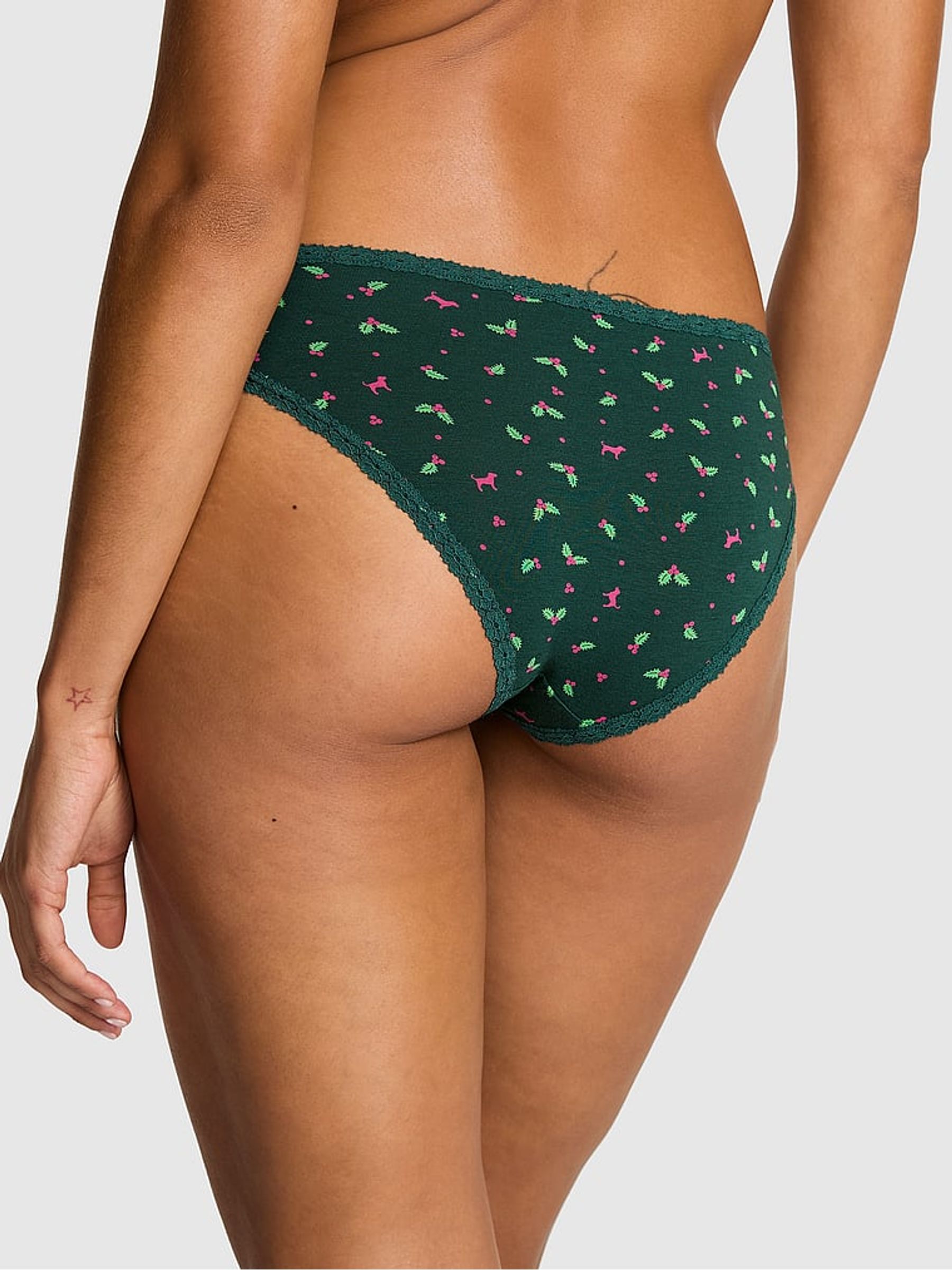 Deep Forest Green Holly Print Cheeky Cotton Heather Lace Trim Knickers - Image 2 of 3