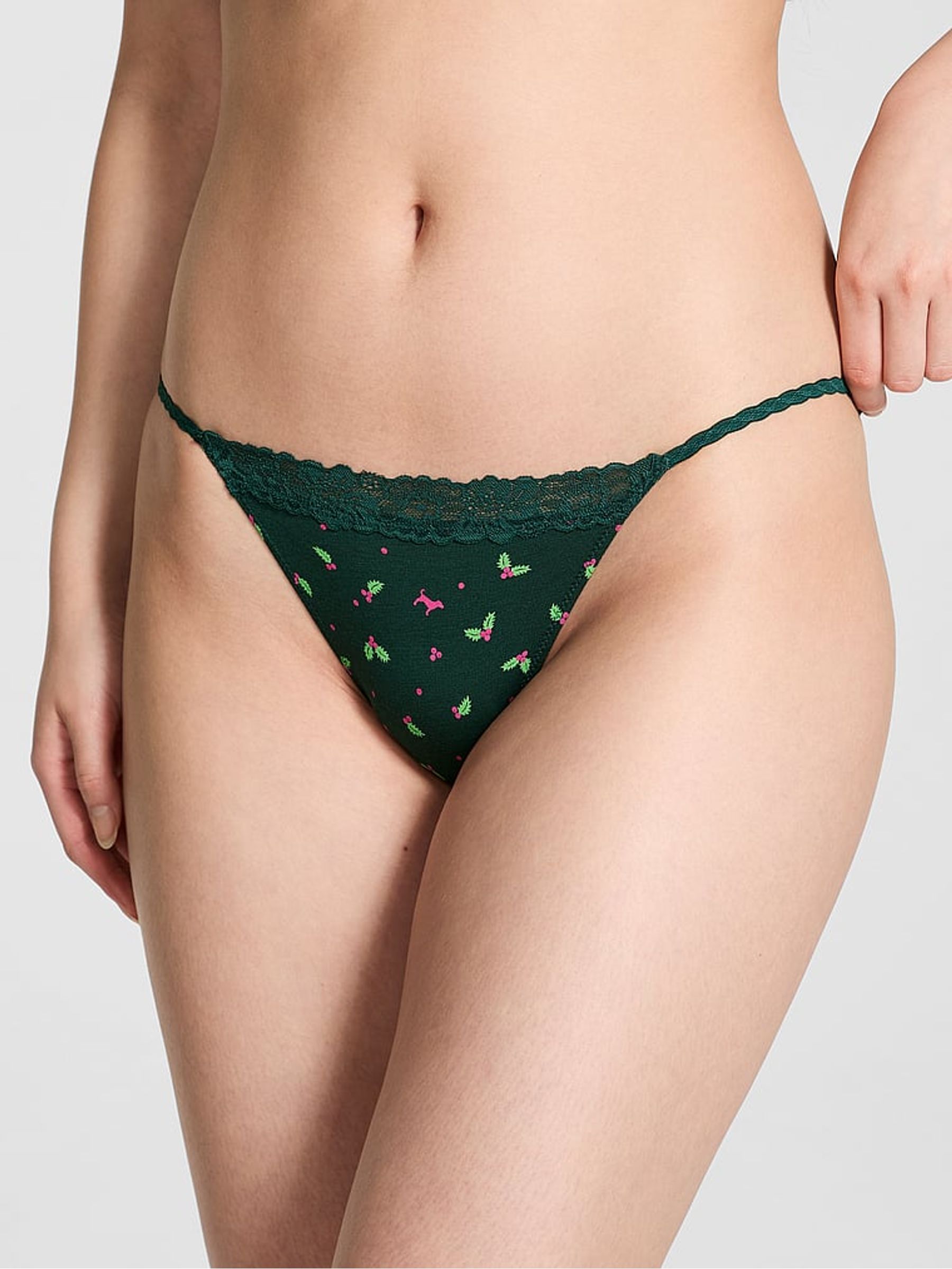 Deep Forest Green Christmas Holly Print Bikini Cotton Heather Lace Trim Knickers - Image 1 of 2