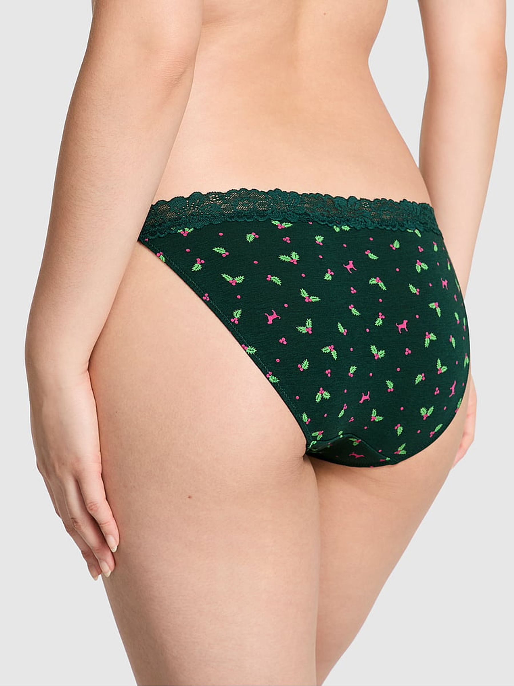 Deep Forest Green Christmas Holly Print Bikini Cotton Heather Lace Trim Knickers - Image 2 of 2