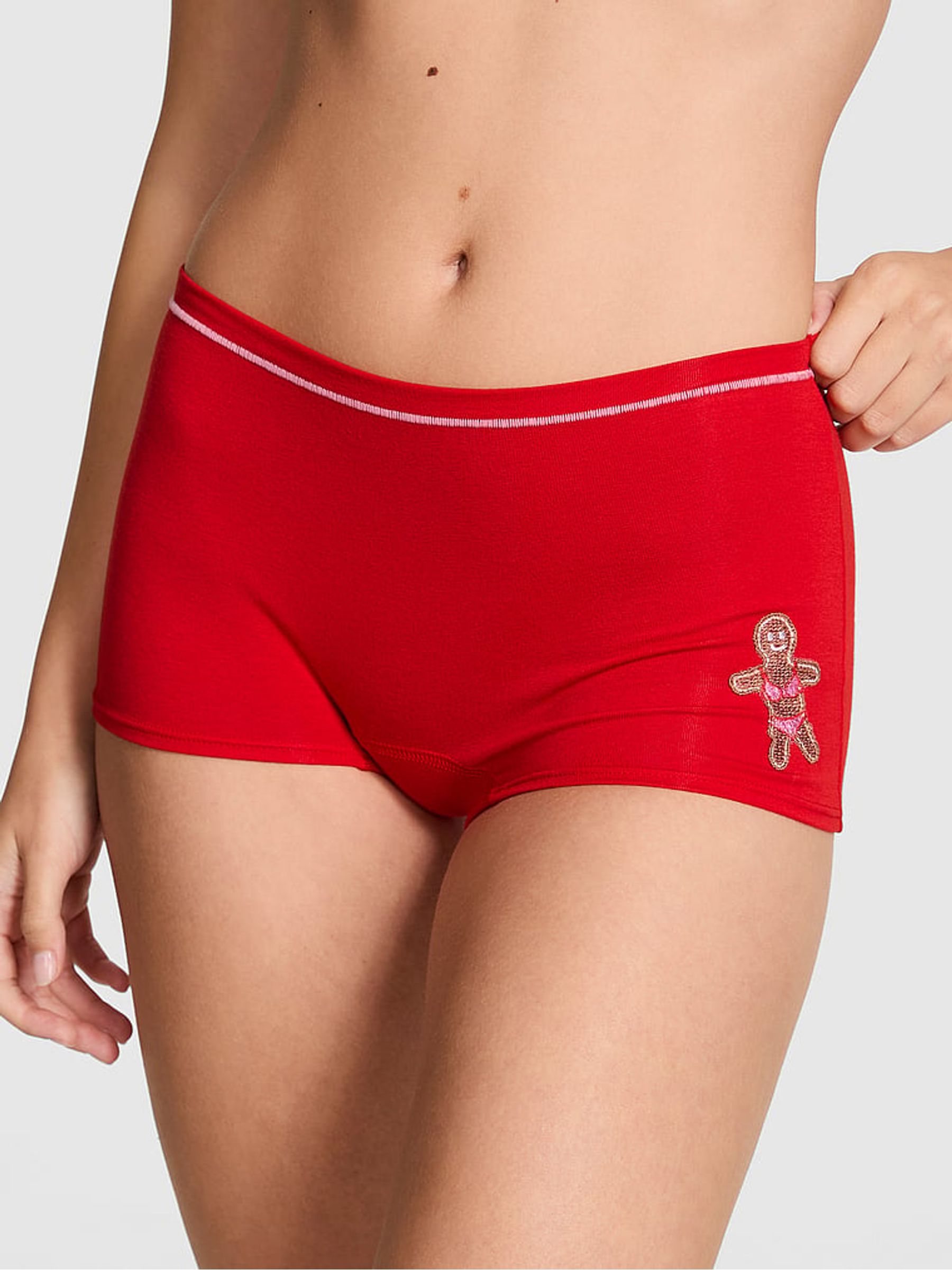 Bright Vermillion Red Christmas Gingerbread Print Short Cotton Knickers - Image 1 of 3