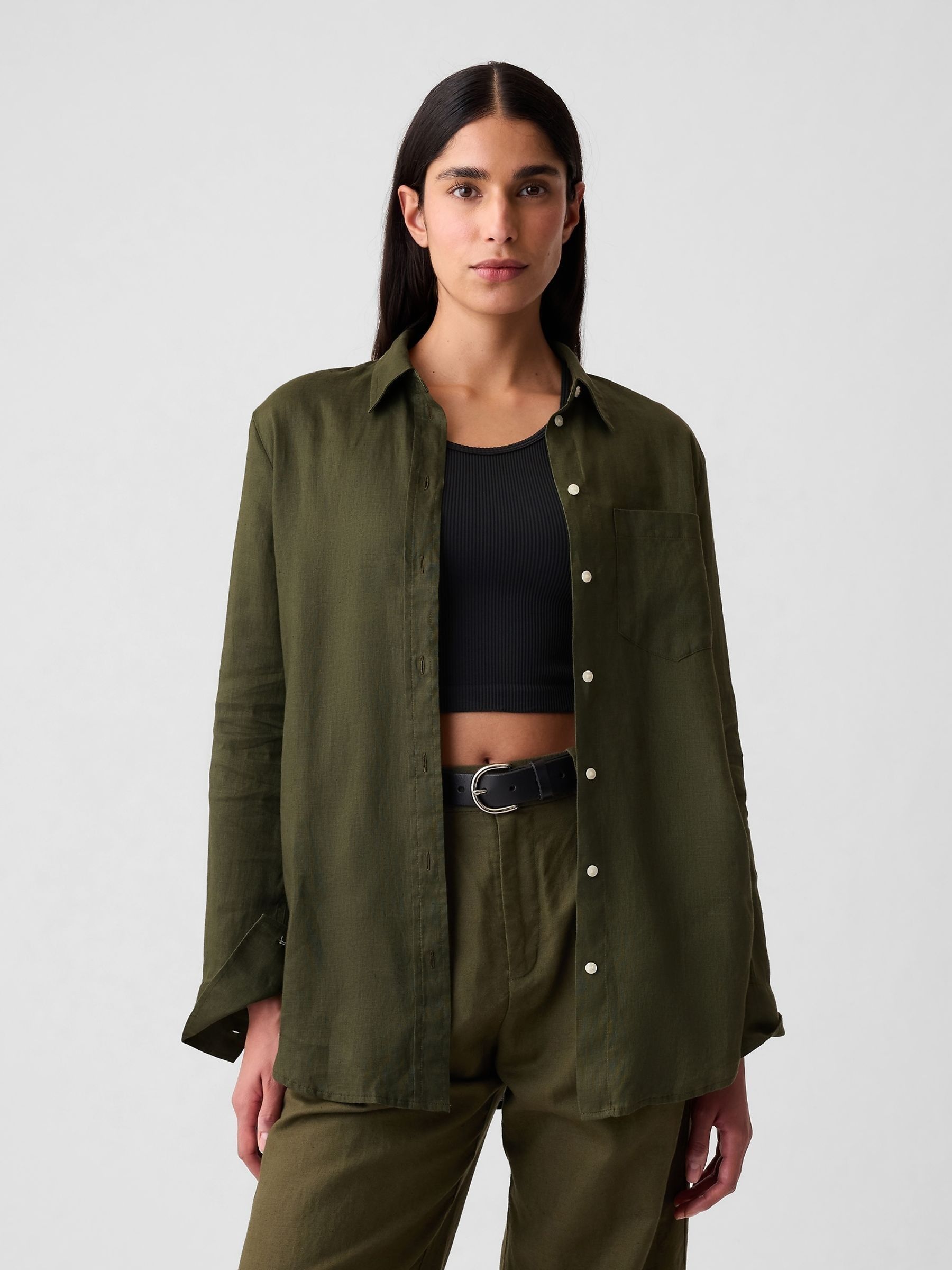 Khaki Green 100% Linen Long Sleeve Oversized Shirt - Image 1 of 5