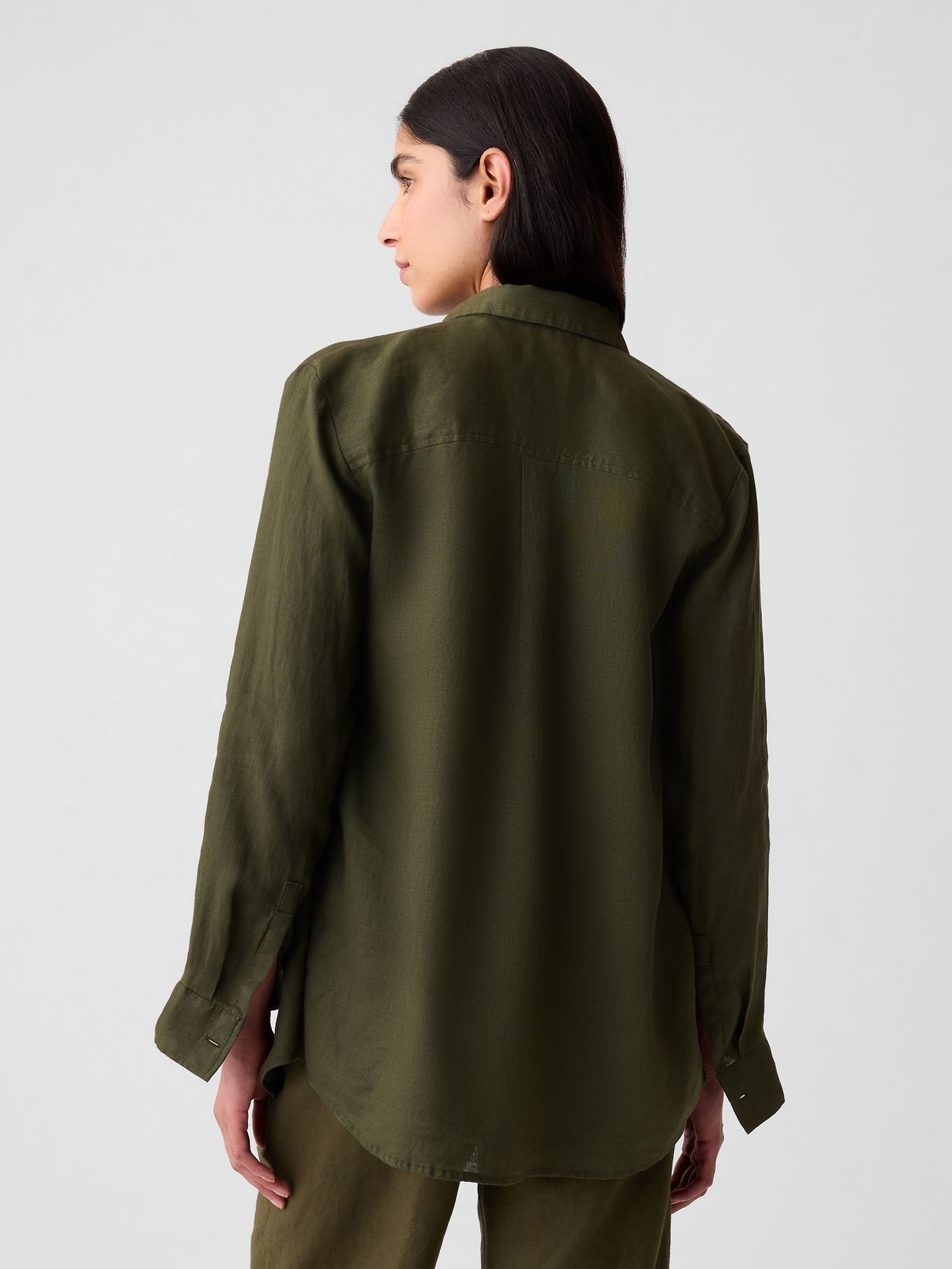 Khaki Green 100% Linen Long Sleeve Oversized Shirt - Image 2 of 5