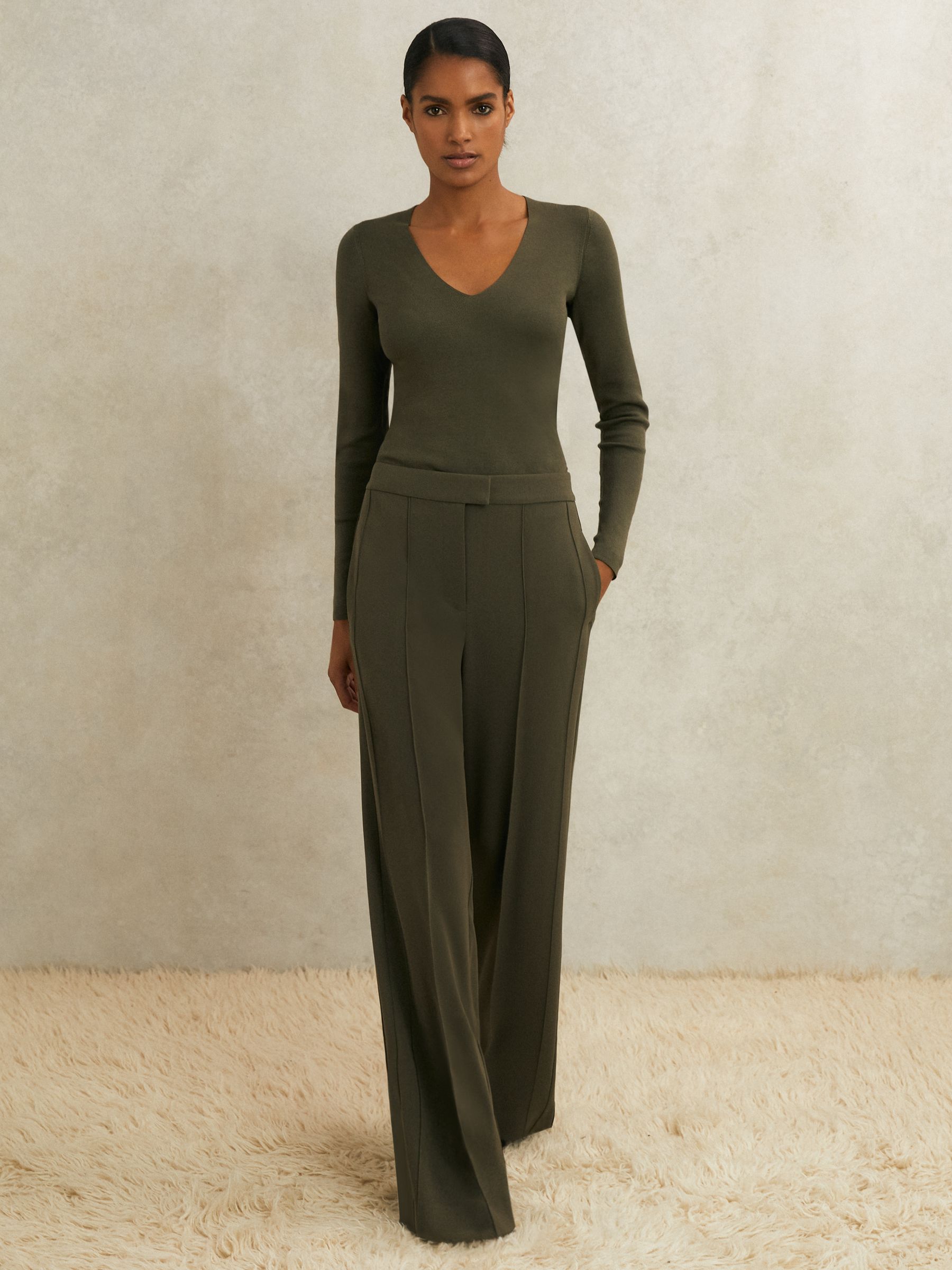 Atelier Crepe Wide-Leg Trousers in Khaki - Image 3 of 8
