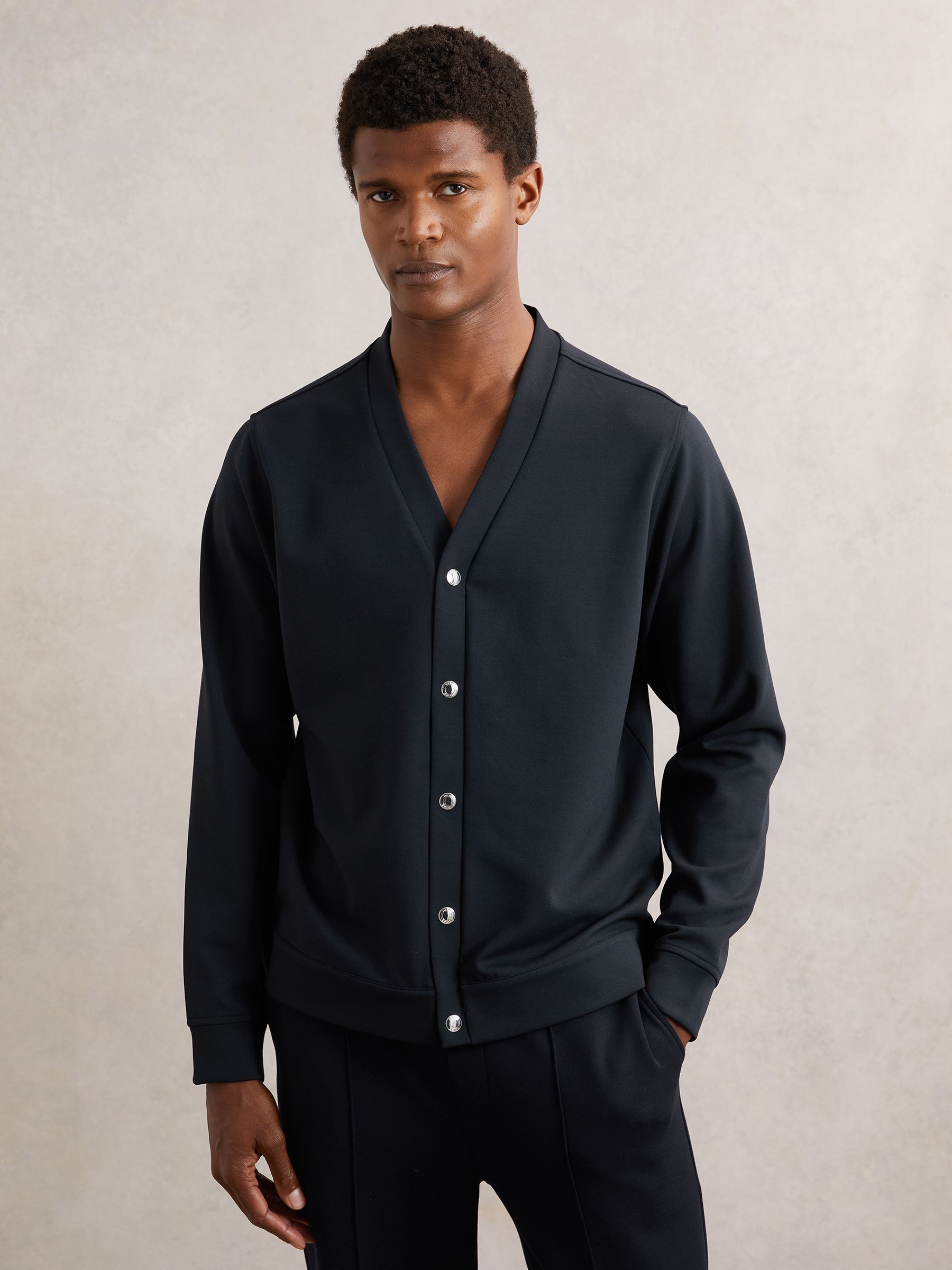 V-Neck Interlock Jersey Cardigan in Navy - Image 5 of 6