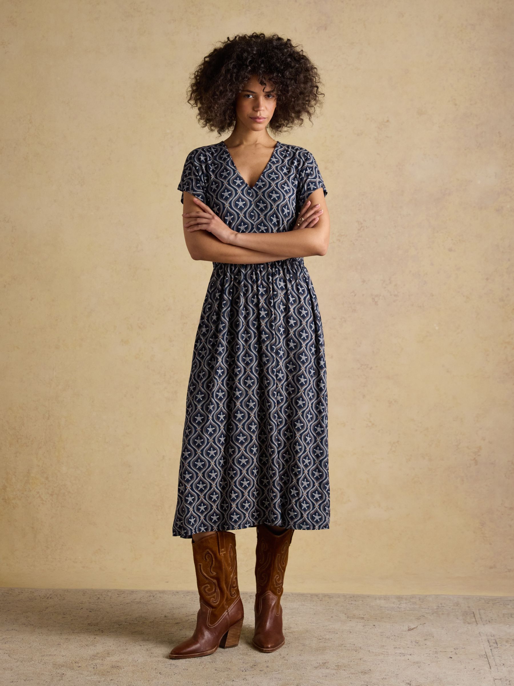 Nia Navy Short Sleeve Jersey Midi Dress - Image 1 of 8