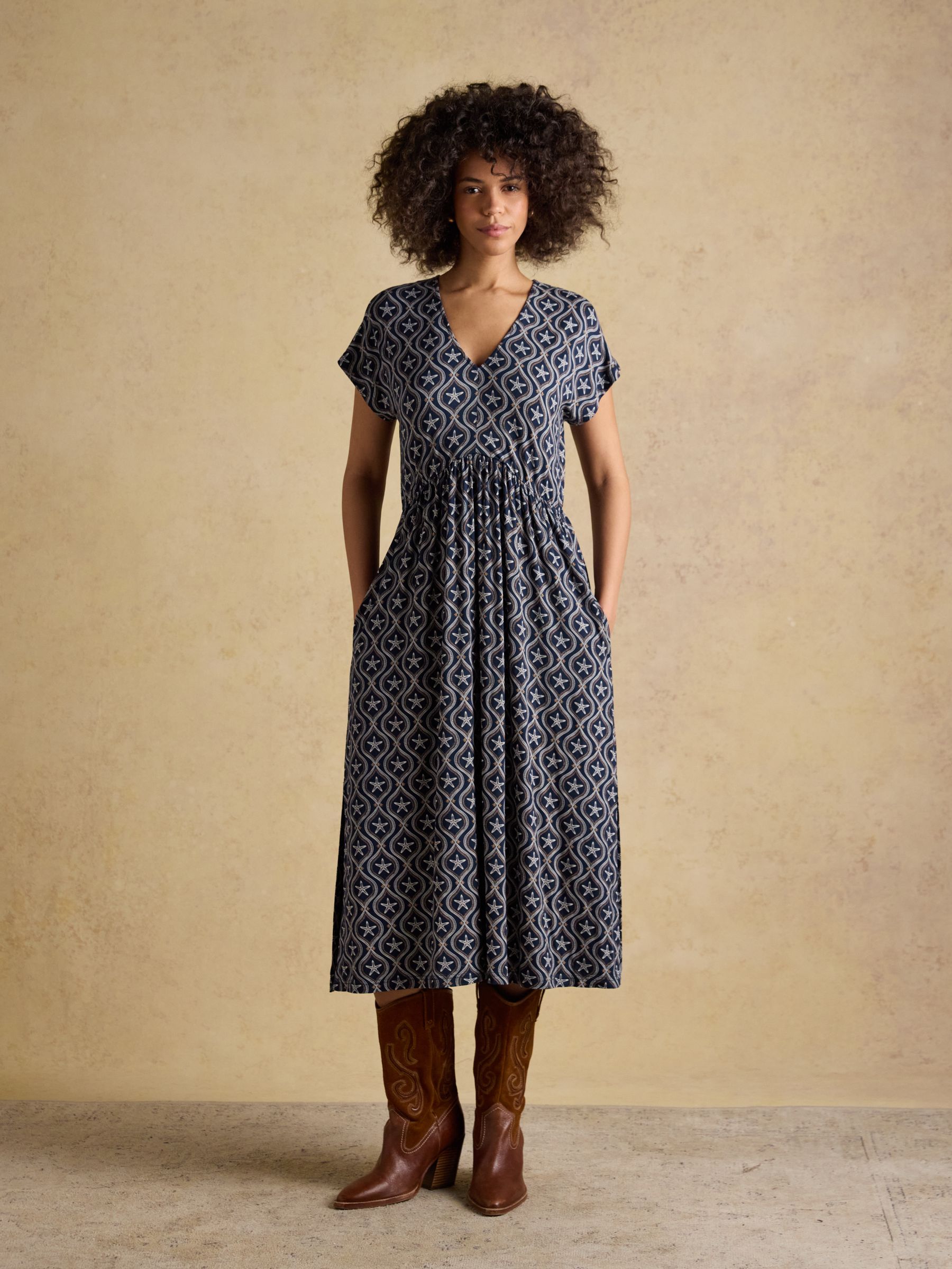 Nia Navy Short Sleeve Jersey Midi Dress | Joules