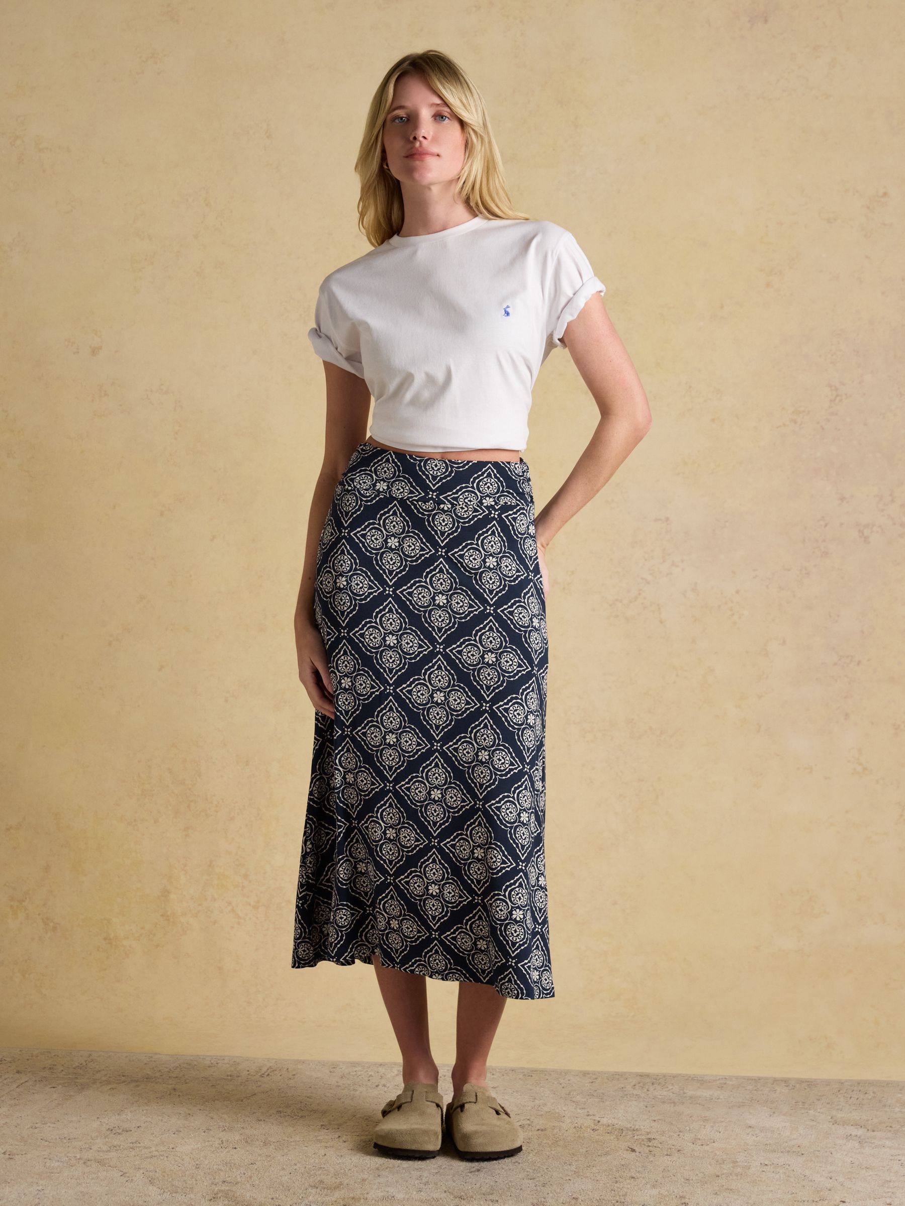 mame＊Embroidery Jersey Skir Nia Navy Geo Jersey Midi Skirt | Joules