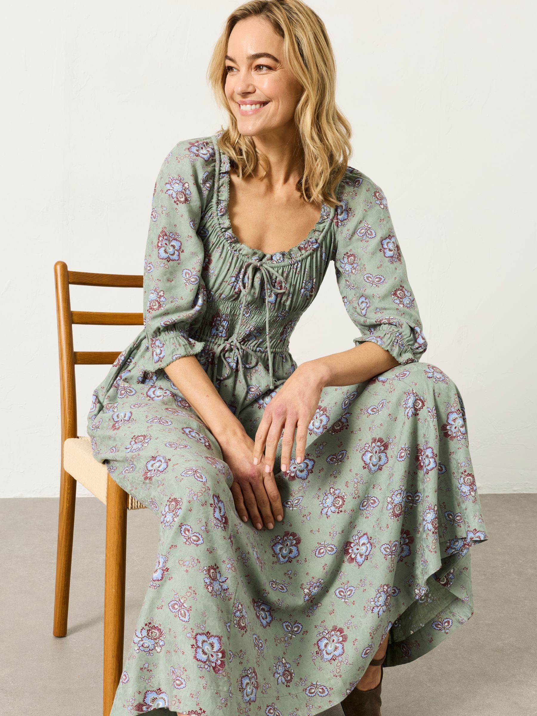 Camille Green Dot Floral Regular Dress | FatFace