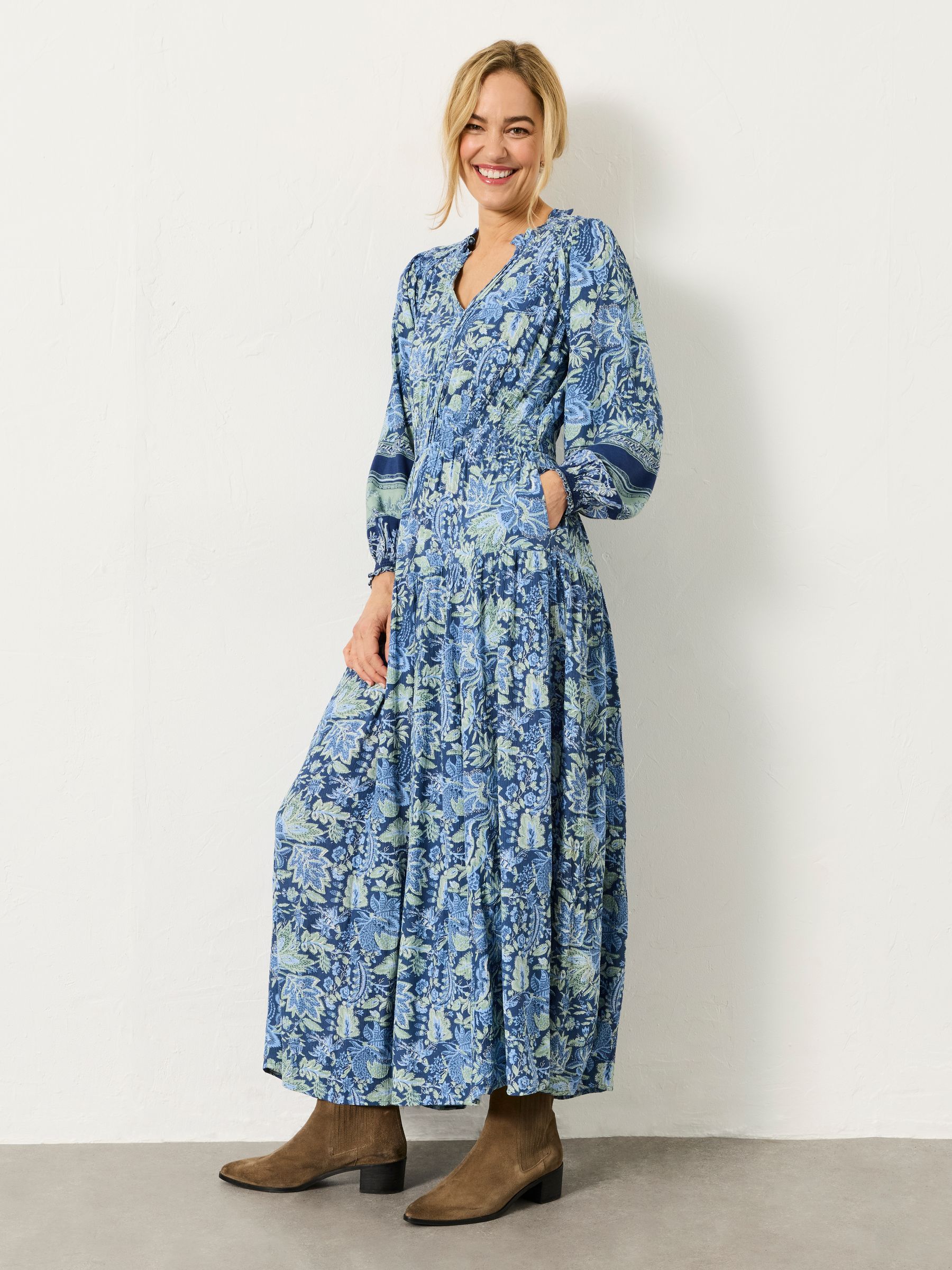 Rowen Navy Woodblock Bloom Regular Midi Dress - Image 1 of 6