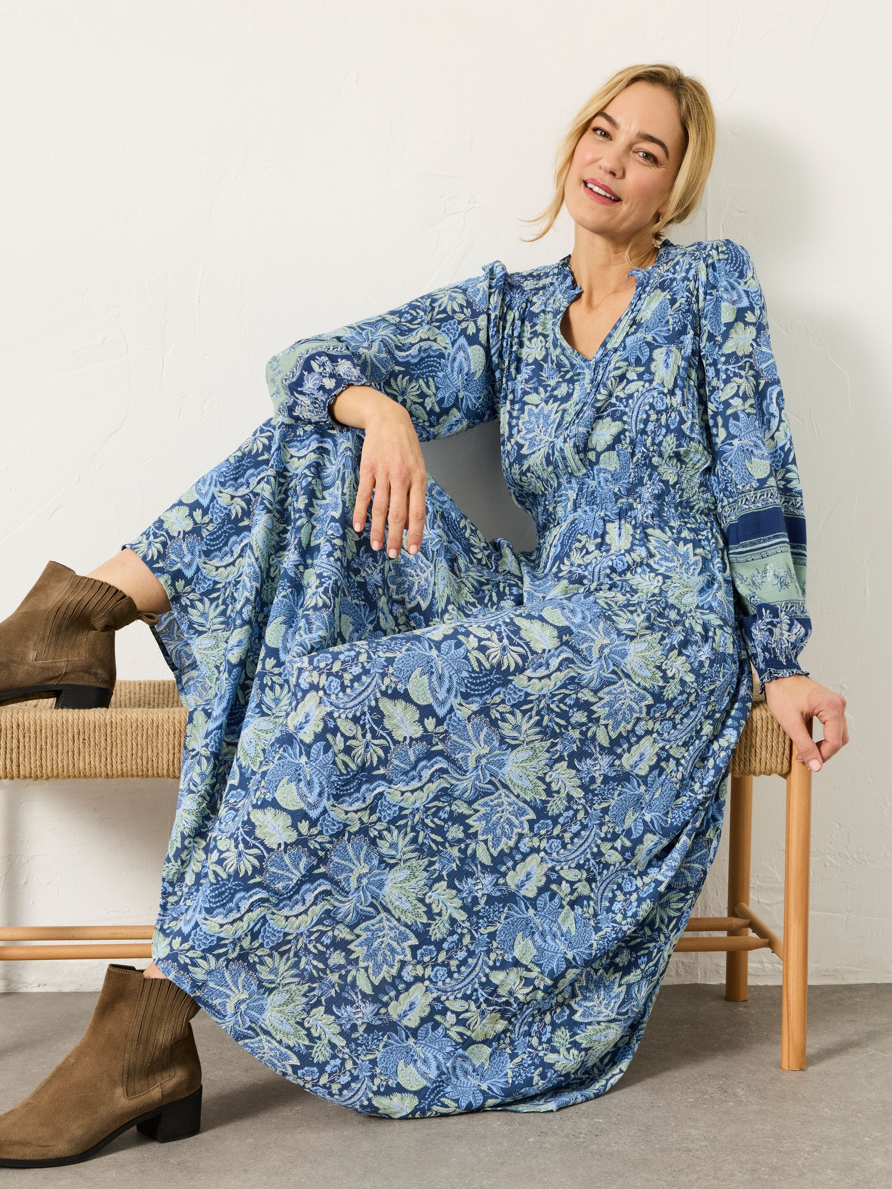 Rowen Navy Woodblock Bloom Regular Midi Dress - Image 3 of 6