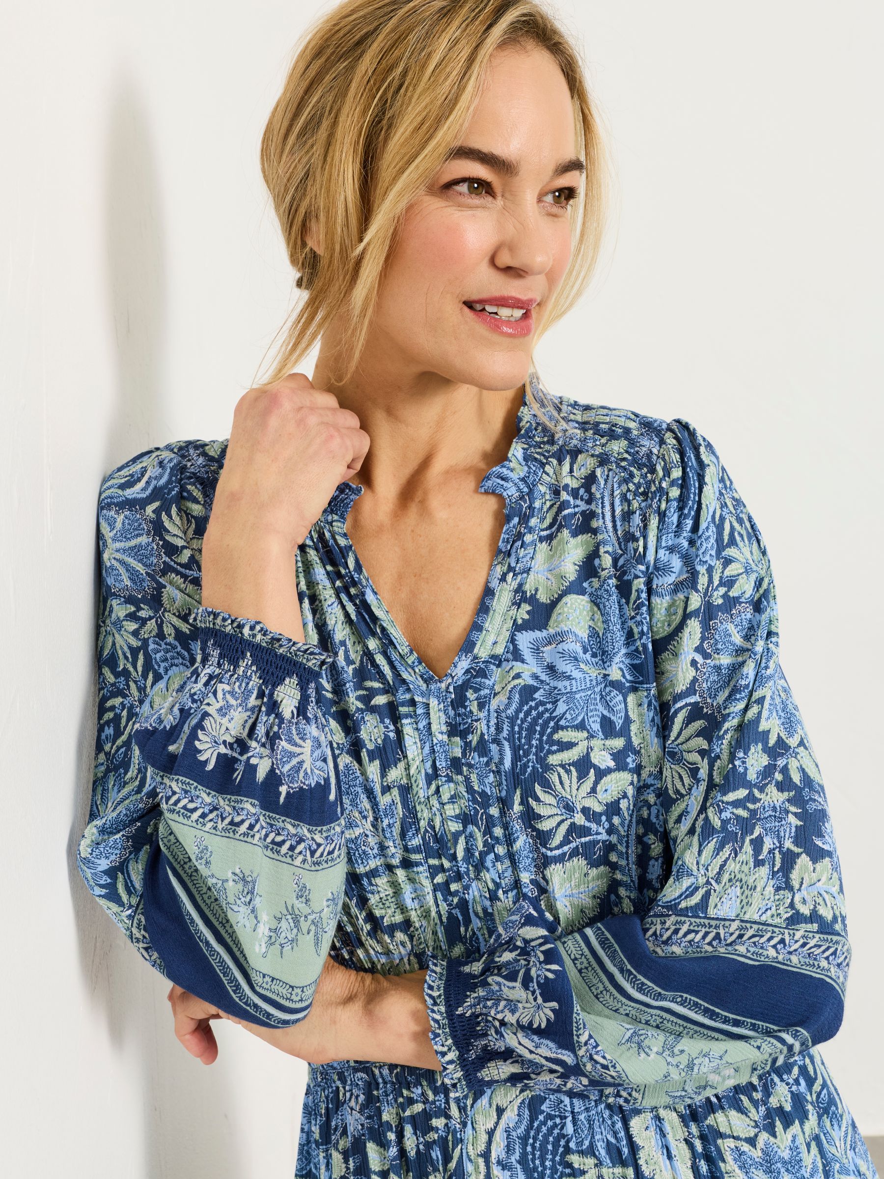 Rowen Navy Woodblock Bloom Regular Midi Dress - Image 5 of 6