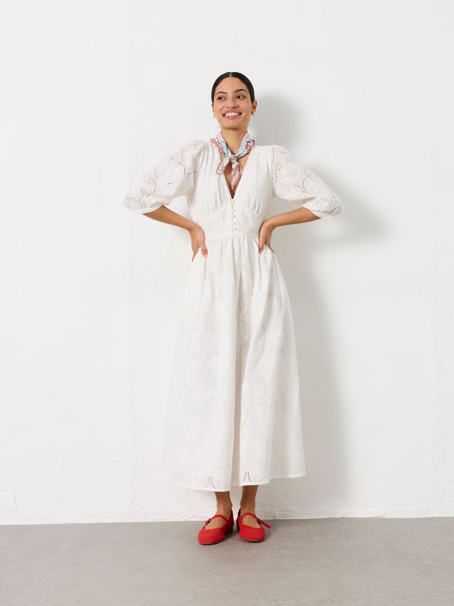 Flo White Regular Broderie Midi Dress - Image 1 of 6