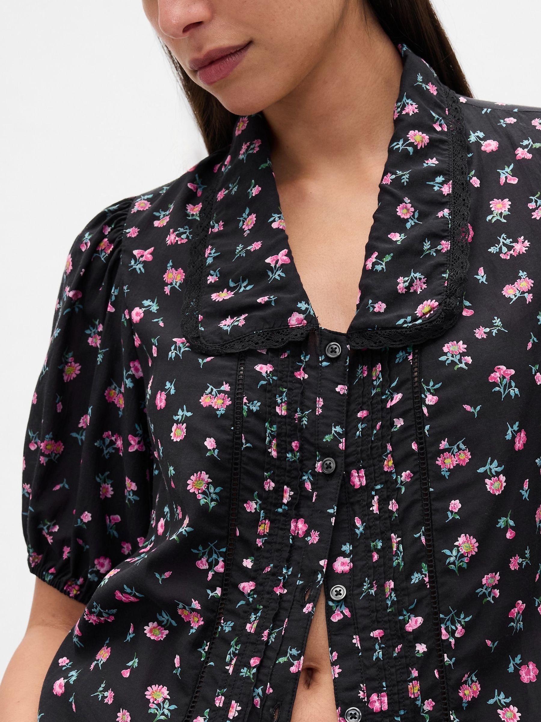 Black/Pink Floral Puff Sleeve Collared Top - Image 3 of 4