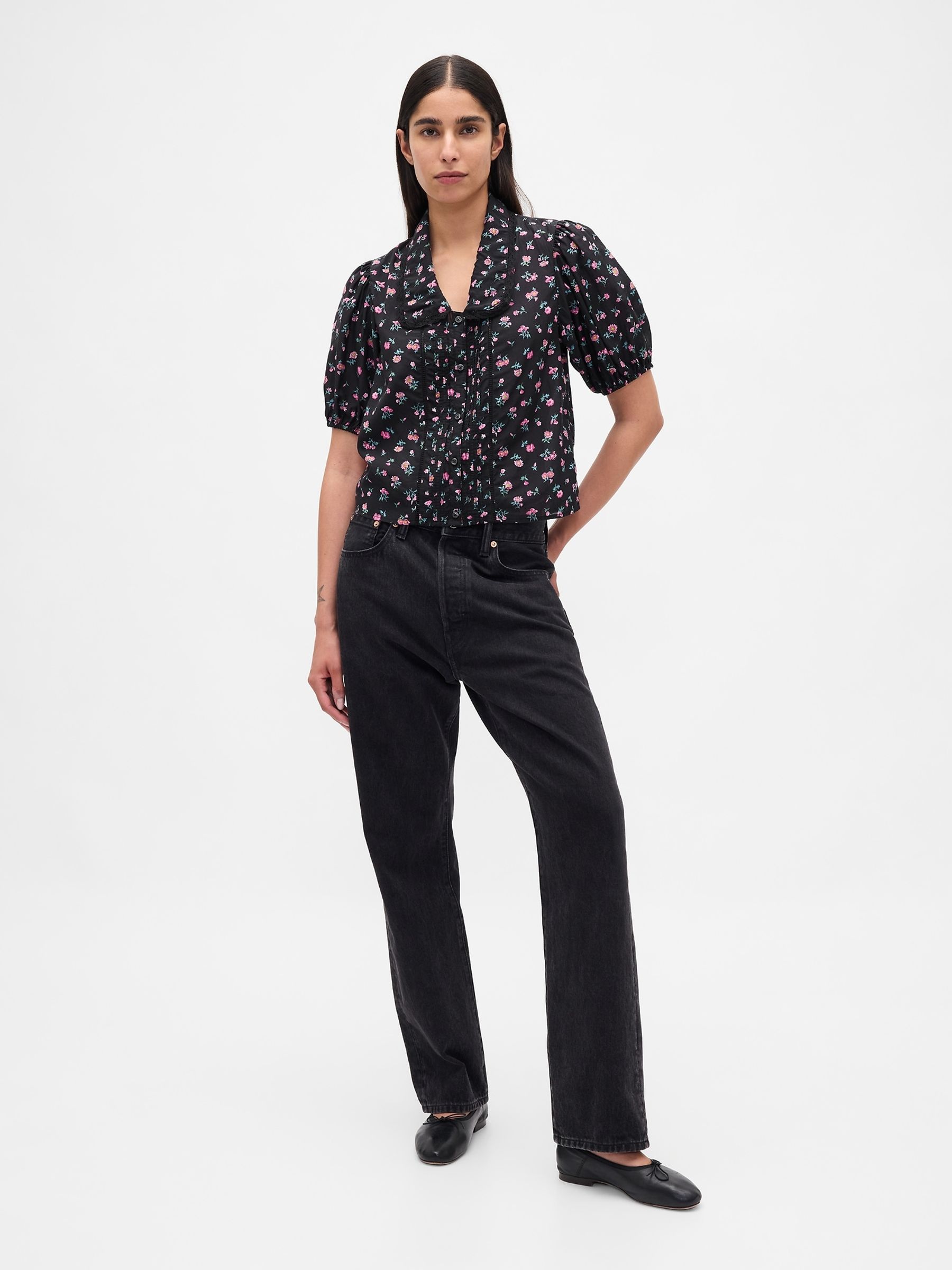 Black/Pink Floral Puff Sleeve Collared Top - Image 4 of 4