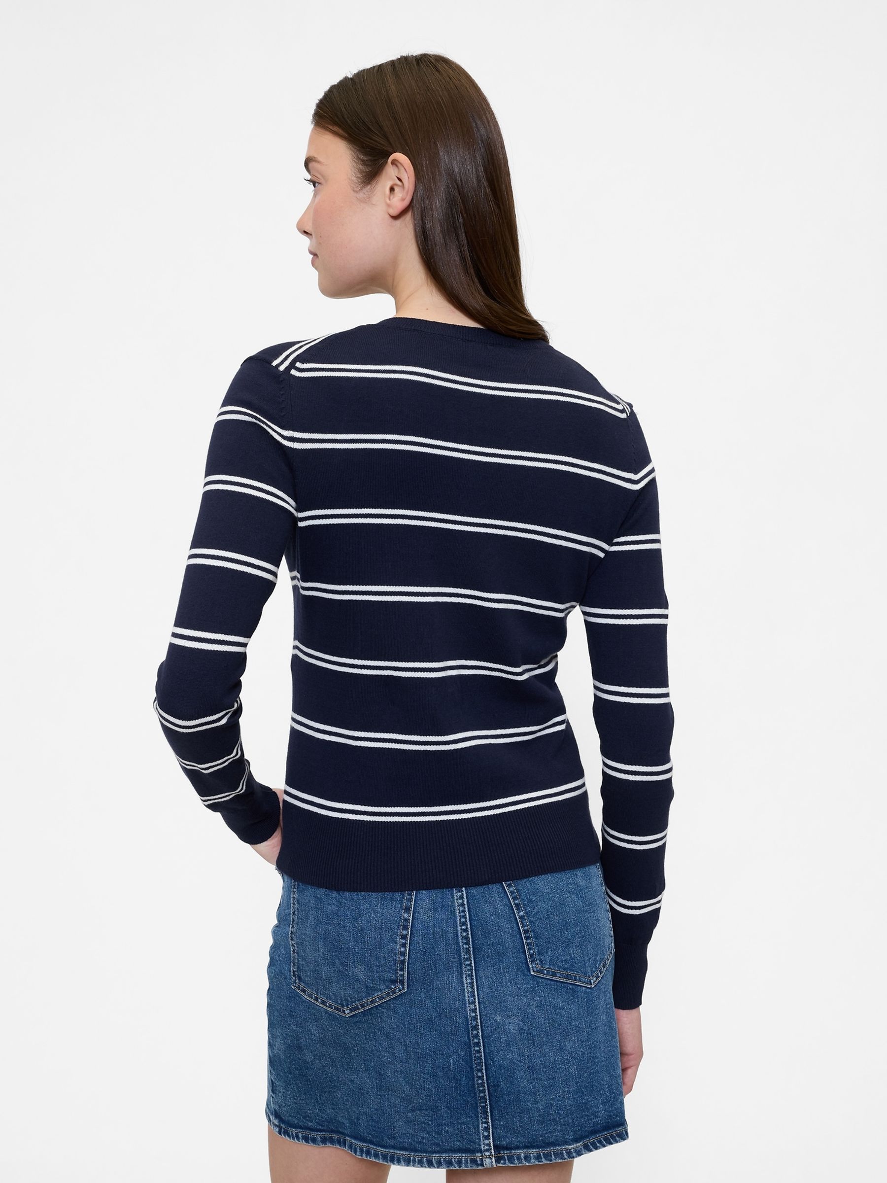 Navy/White Stripe Crew Neck Cardigan - Image 2 of 5 Navy/White Stripe Crew Neck Cardigan - Image 2 of 5
