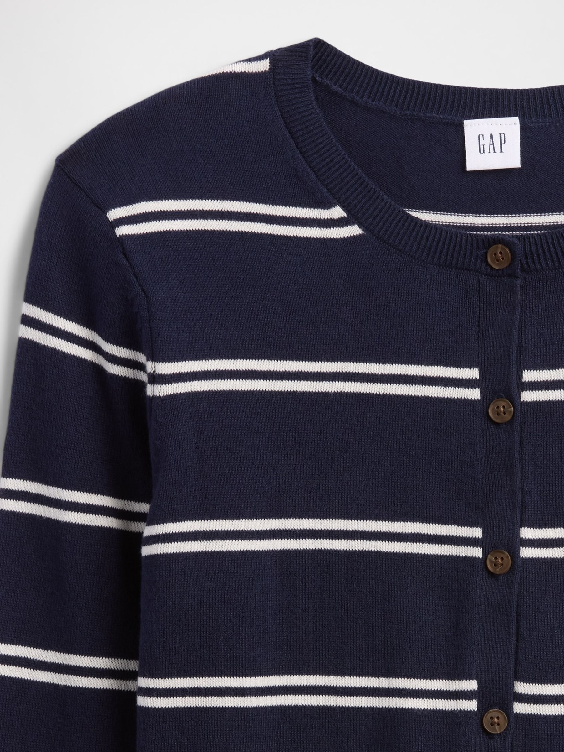 Navy/White Stripe 100% Cotton Crew Neck Cardigan - Image 4 of 4 Navy/White Stripe 100% Cotton Crew Neck Cardigan - Image 4 of 4