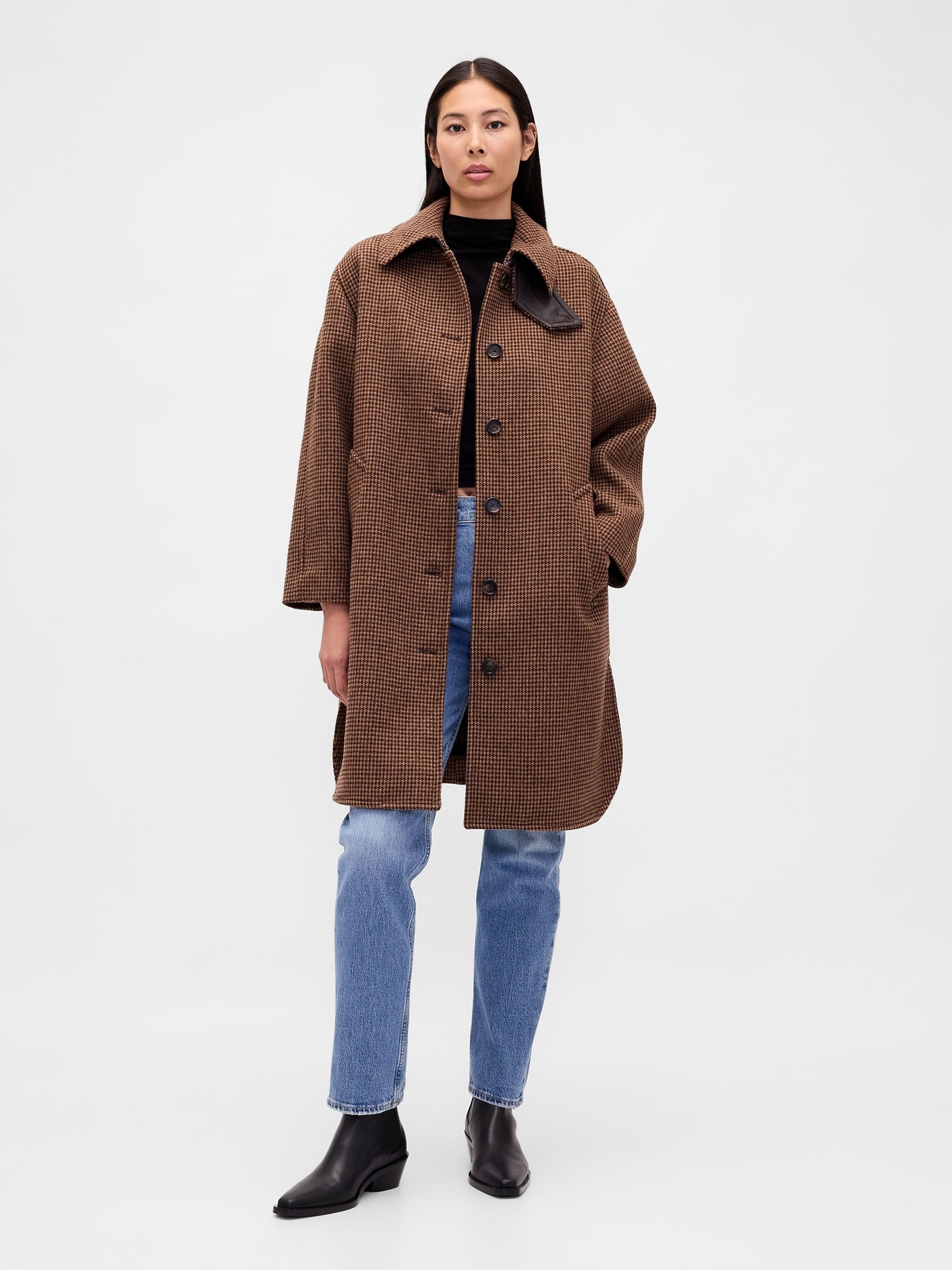 Brown Wool Blend Houndstooth Car Coat - Image 3 of 4