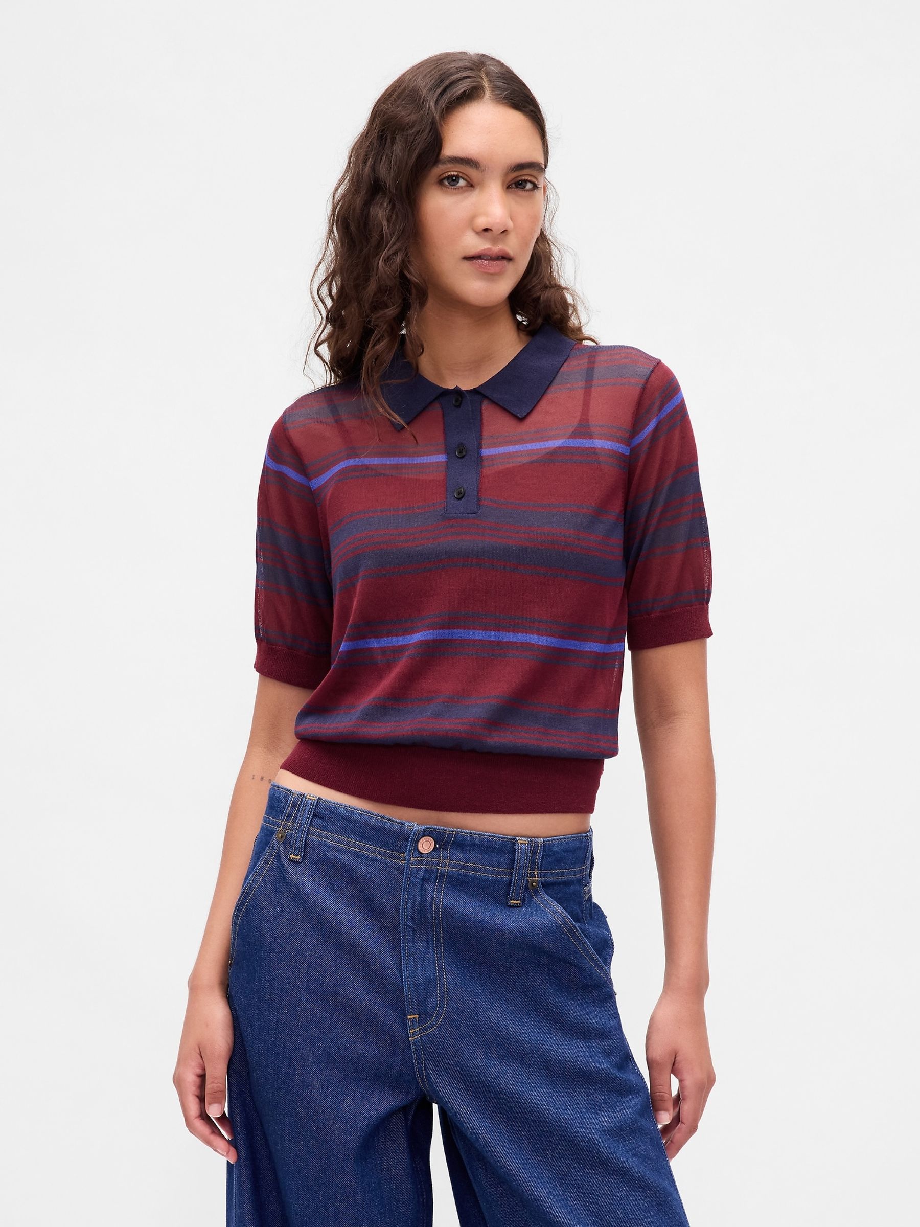 Red Stripe Sheer Crop Polo Jumper - Image 1 of 4
