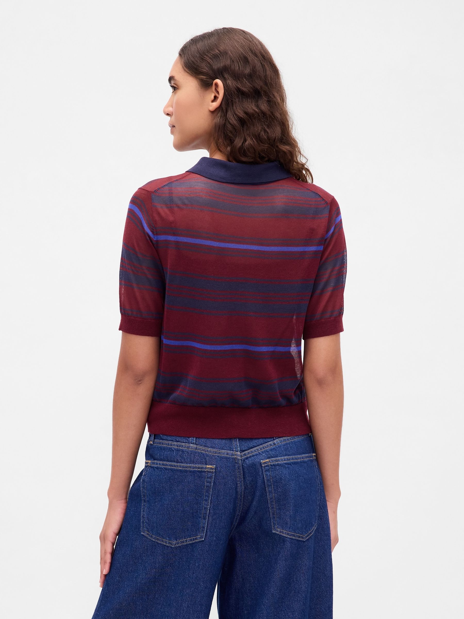Red Stripe Sheer Crop Polo Jumper - Image 2 of 4