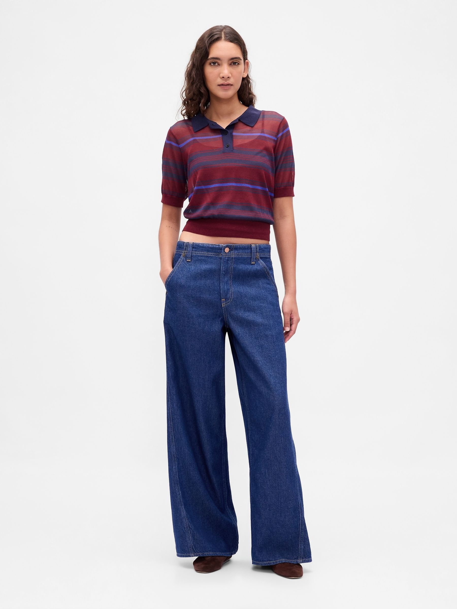 Red Stripe Sheer Crop Polo Jumper - Image 3 of 4