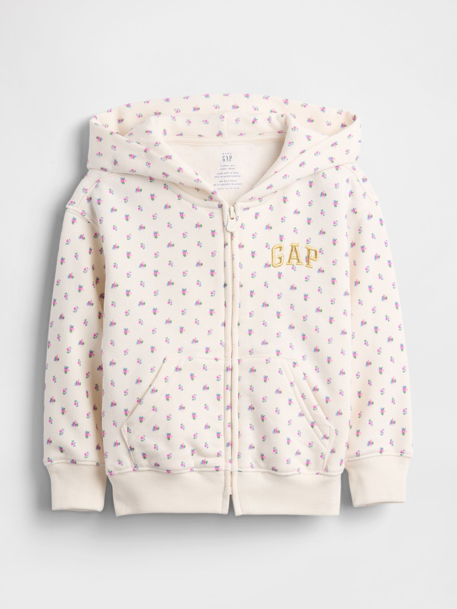 Cream/Pink Floral Vintage Soft Zip-Up Hoodie (6mths-5yrs) - Image 1 of 2