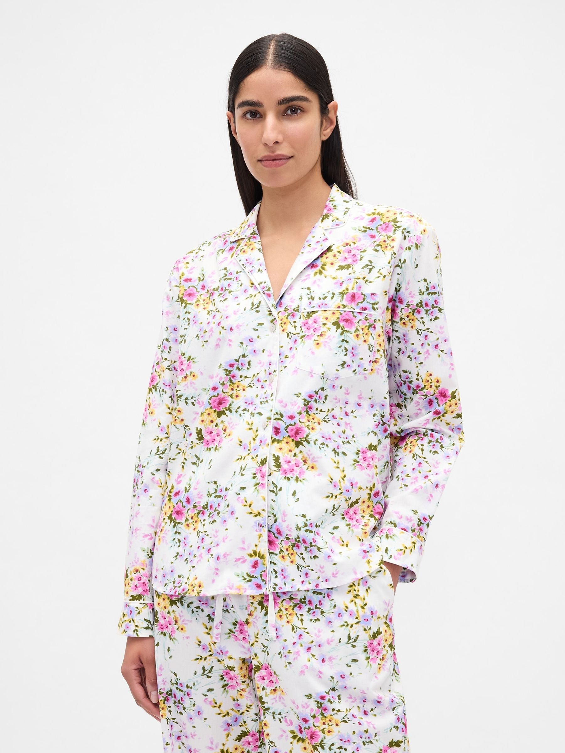 White/Pink Floral Poplin Pyjama Shirt - Image 1 of 4