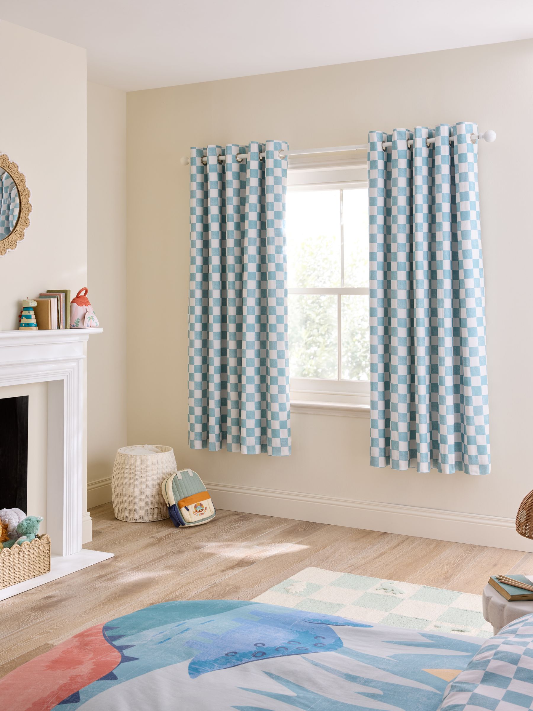 Teal Blue Checkerboard Blackout Lined Curtains - Image 1 of 5