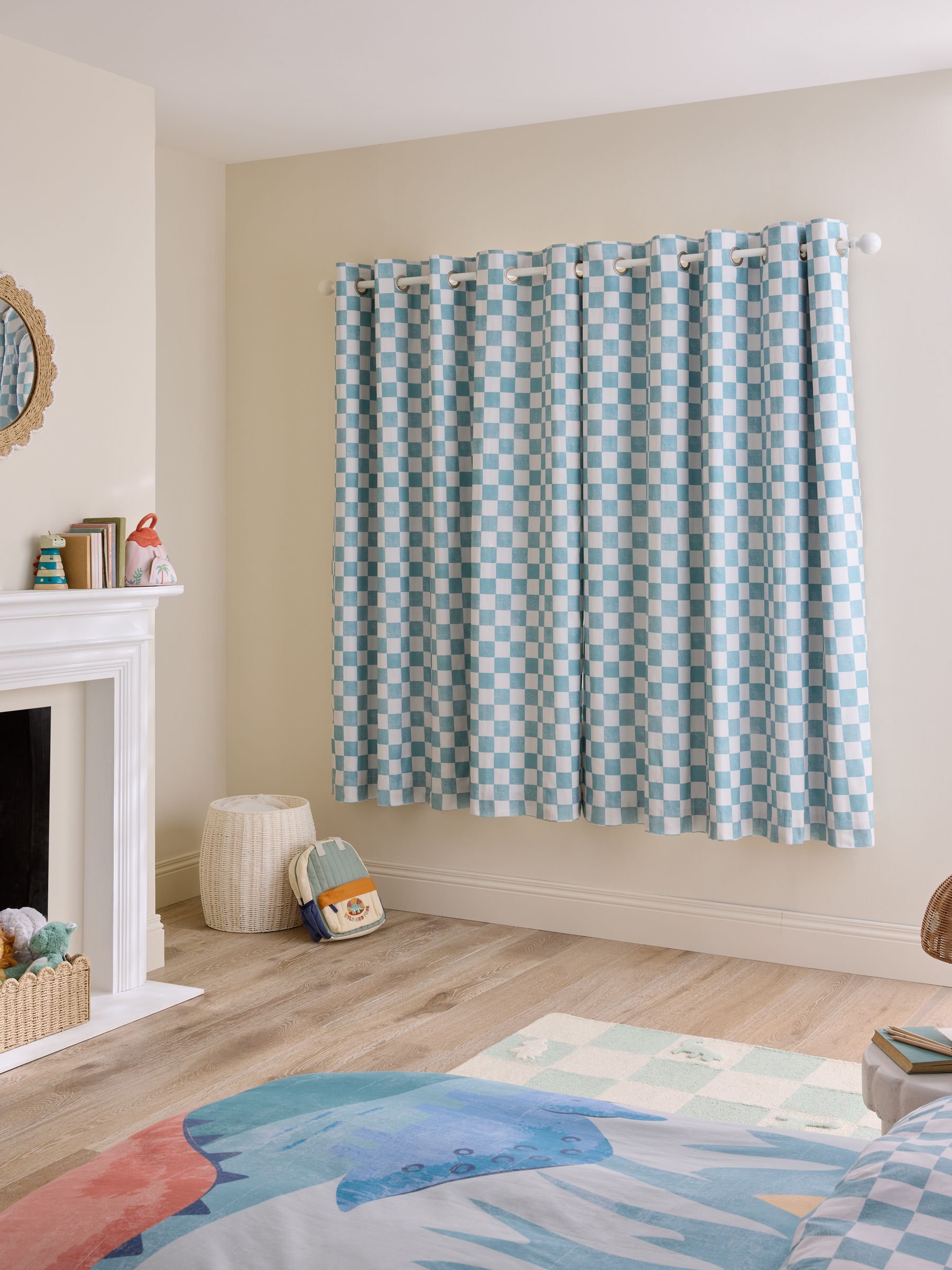 Teal Blue Checkerboard Blackout Lined Curtains - Image 2 of 5