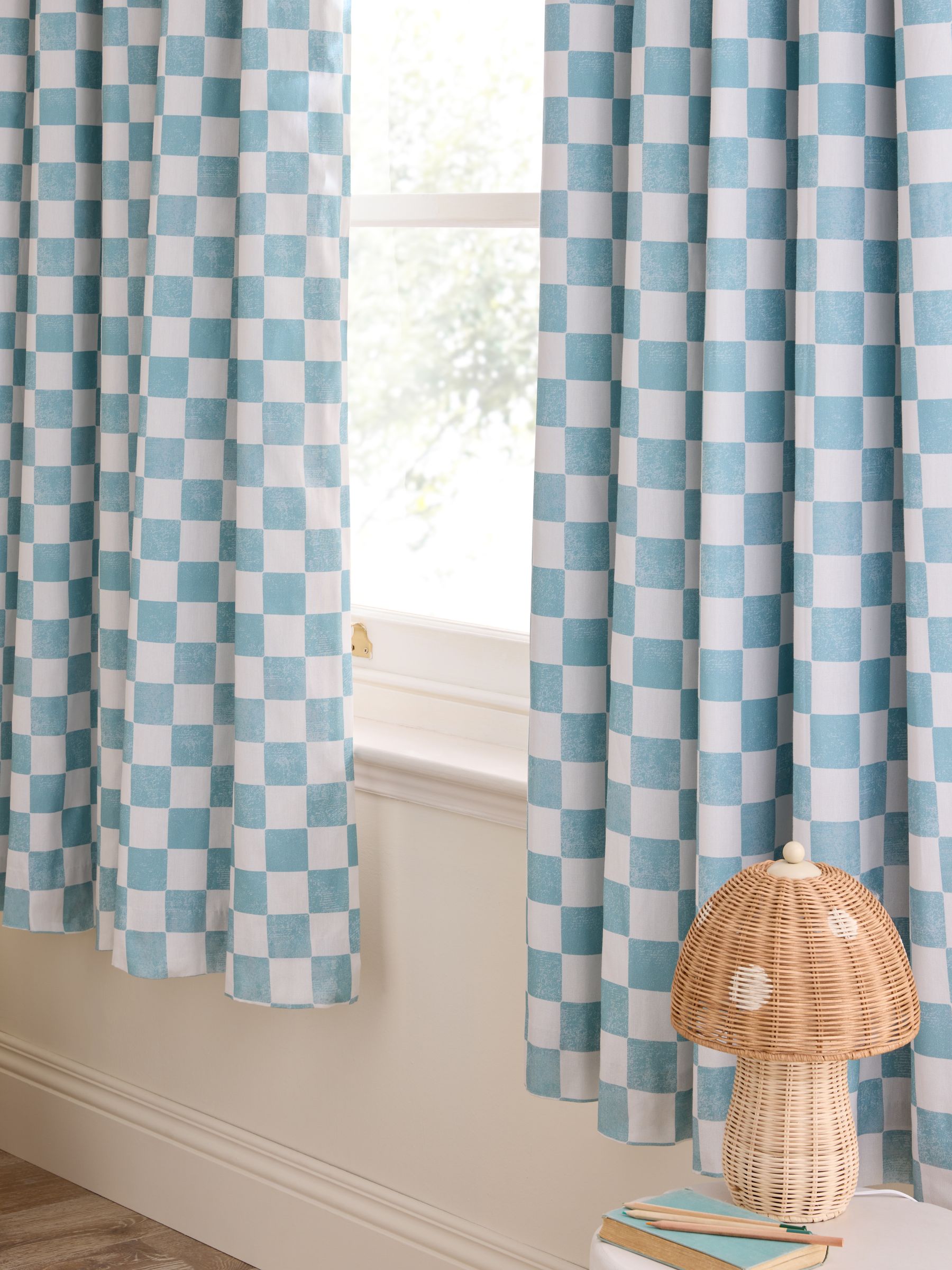Teal Blue Checkerboard Blackout Lined Curtains - Image 3 of 5