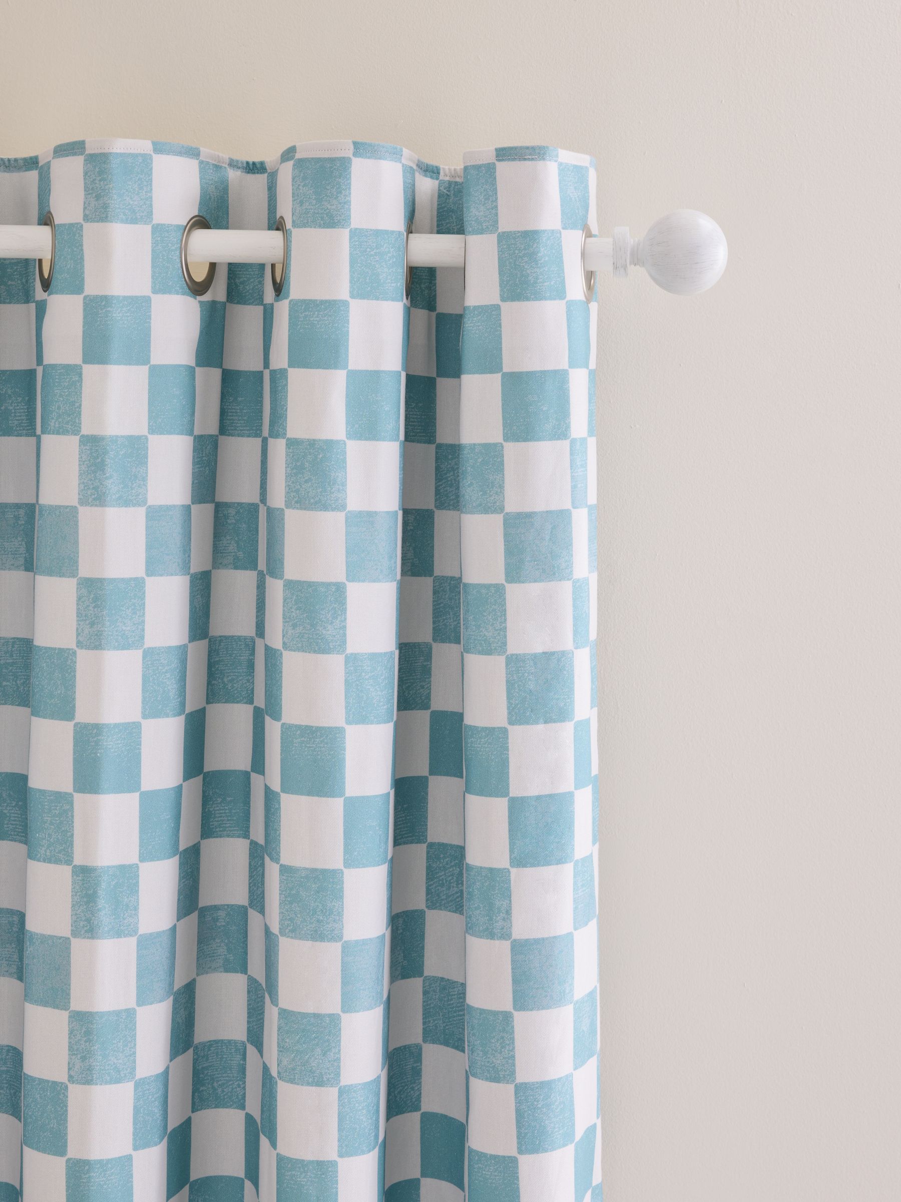 Teal Blue Checkerboard Blackout Lined Curtains - Image 4 of 5