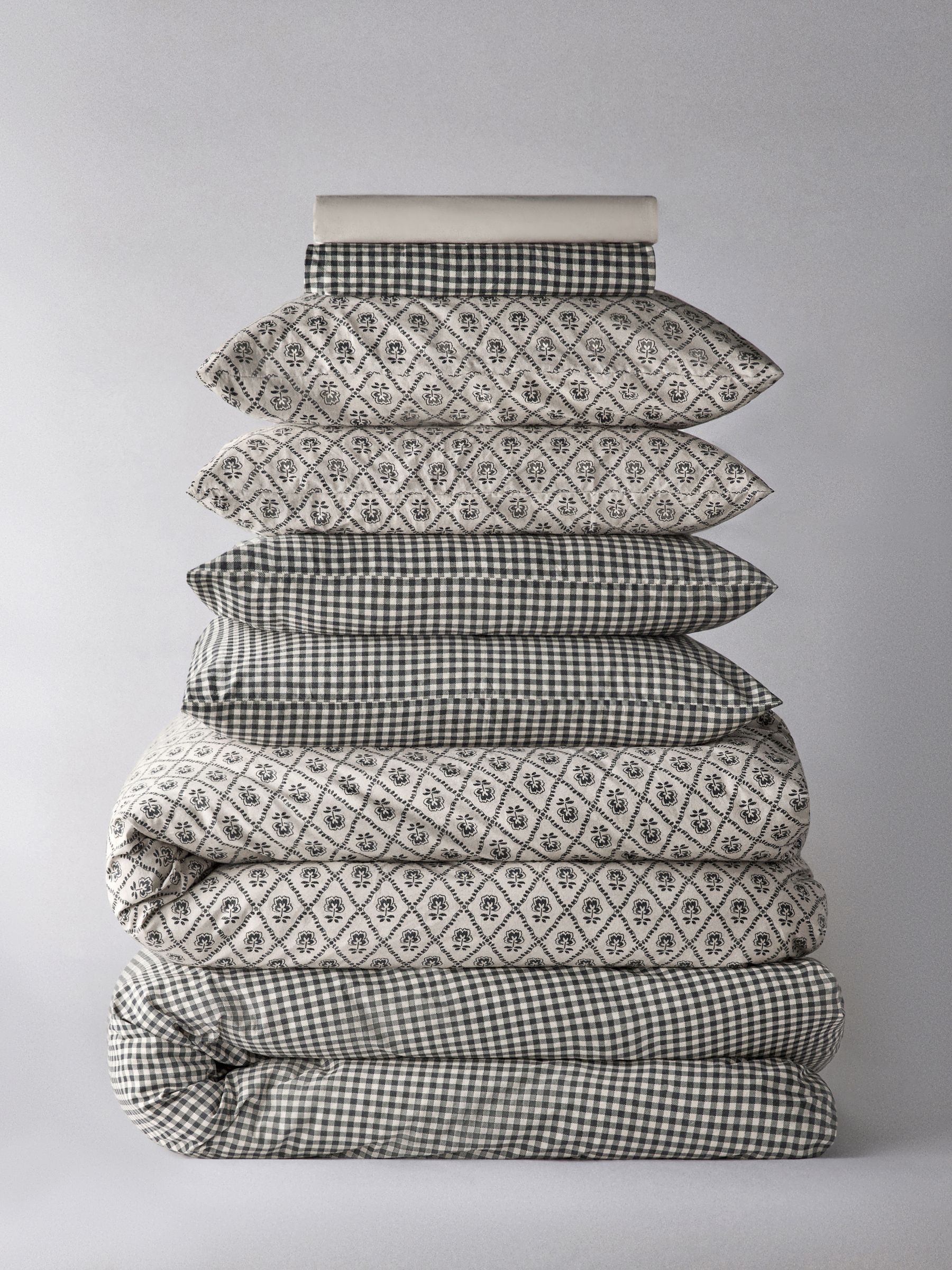 2 Pack Black Gingham/Blockprint Printed Duvet Cover and Pillowcase Set with Fitted Sheets - Image 1 of 6