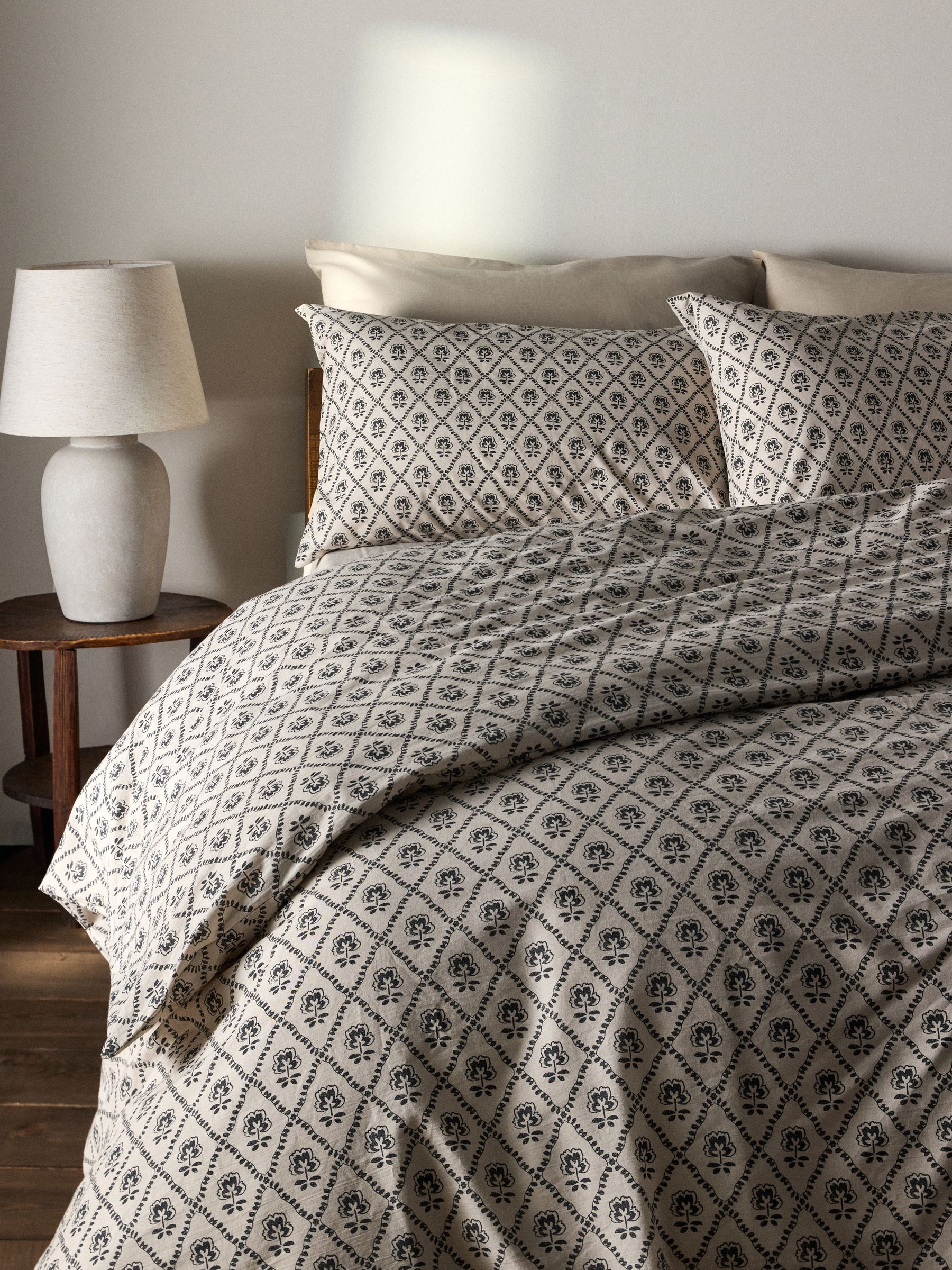 2 Pack Black Gingham/Blockprint Printed Duvet Cover and Pillowcase Set with Fitted Sheets - Image 2 of 6