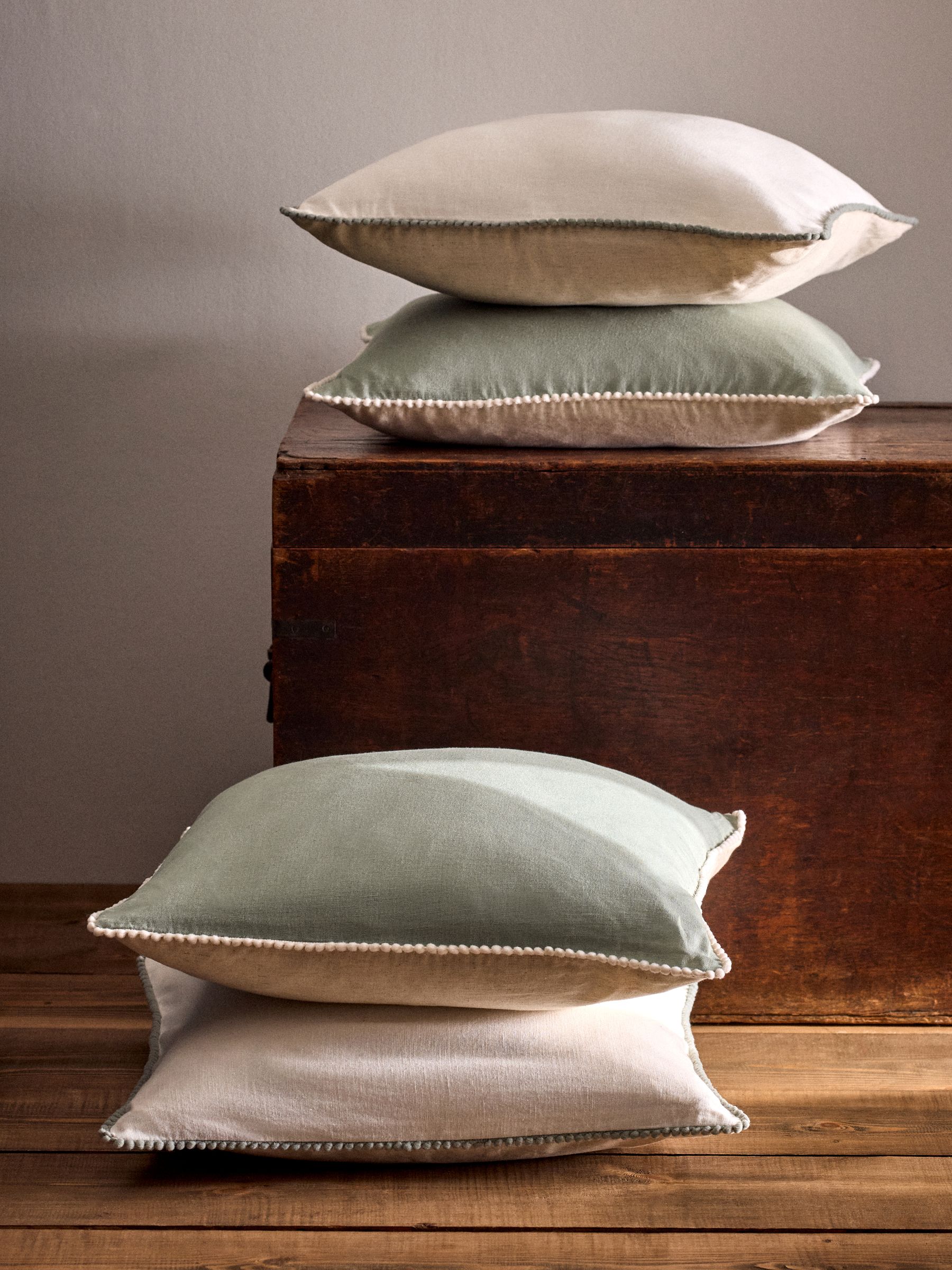 4 Pack Green/Natural Cotton Linen Pom Pom Cushion Covers - Image 1 of 4