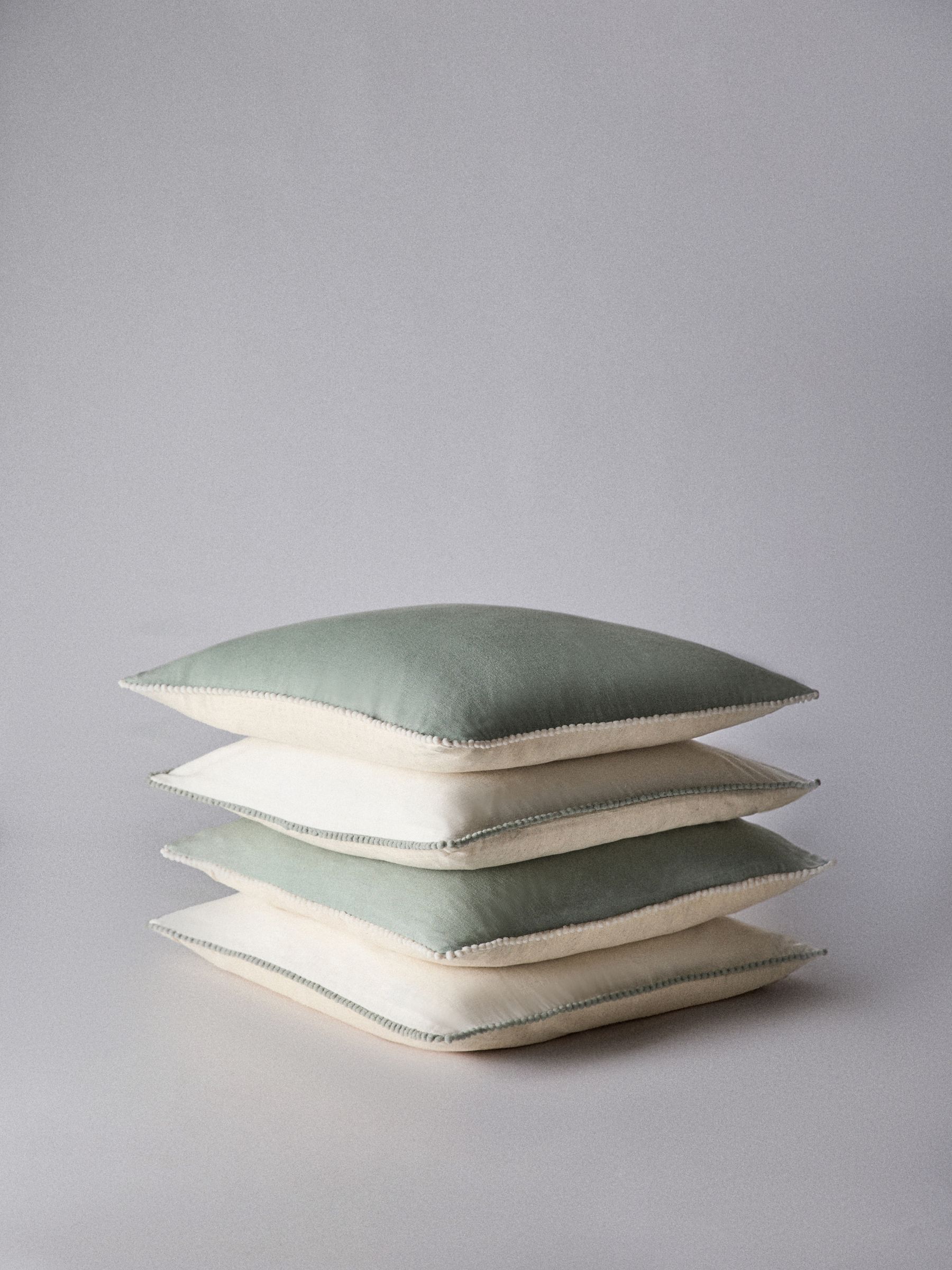 4 Pack Green/Natural Cotton Linen Pom Pom Cushion Covers - Image 2 of 4